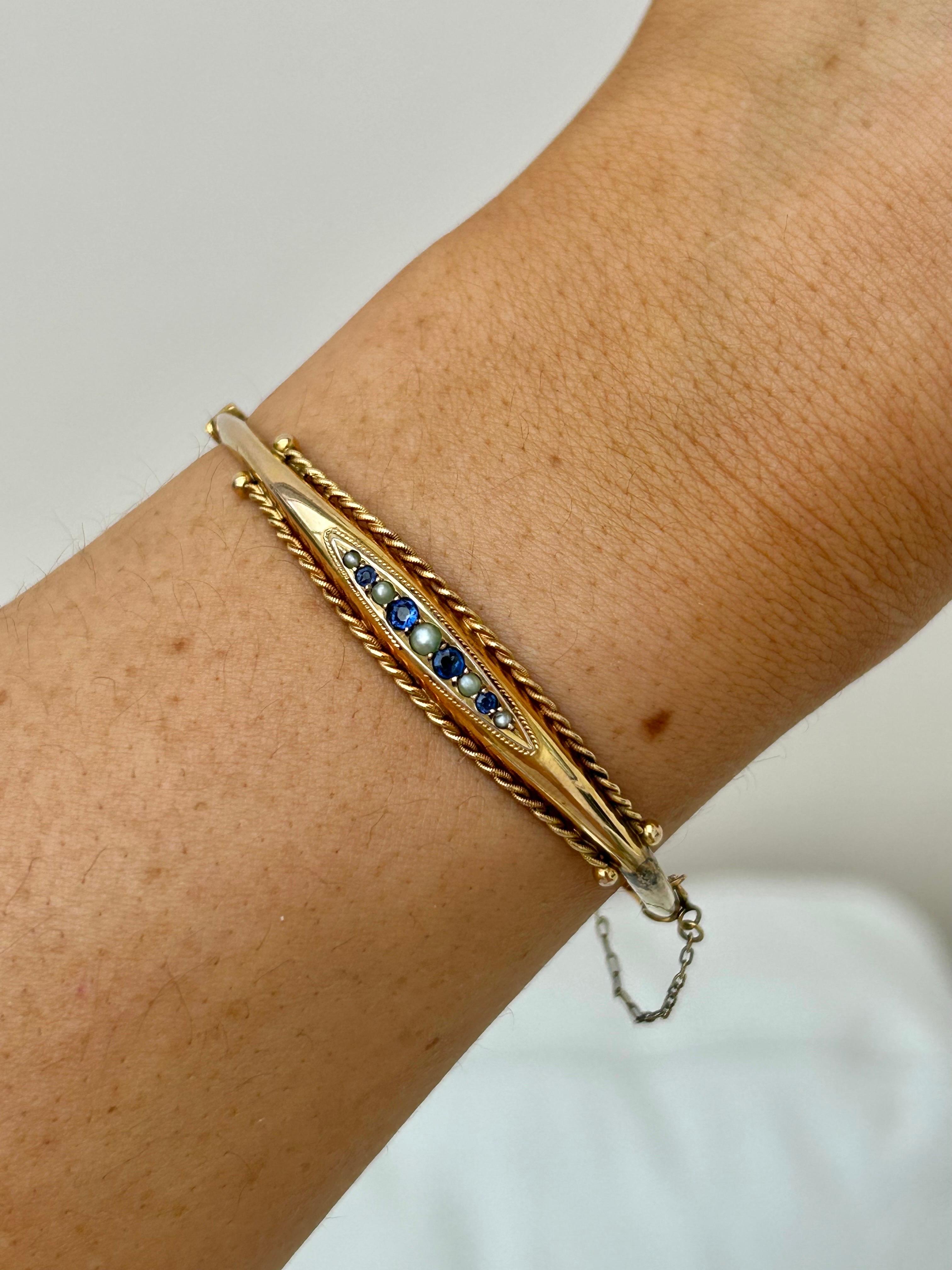 Round Cut Antique C.1898 Sapphire and Pearl Bangle Bracelet in 9 Carat Yellow Gold For Sale