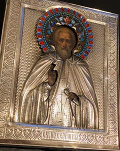 Antique Russian 84 Silver Cloisonné Enamel Icon of Saint Sergius of Radonezh.
