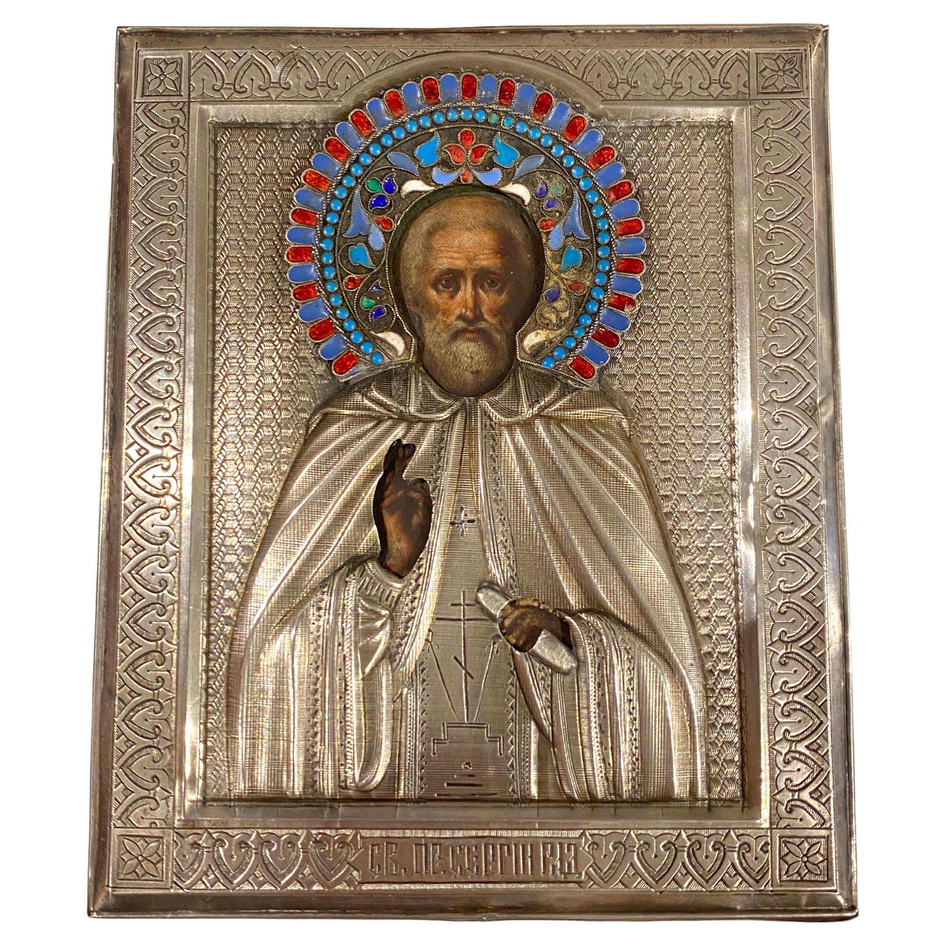 Antike russische Silber-Cloisonné-Emaille-Ikone des Heiligen Sergej von S. Galkin (1899)