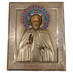 Antiguo c1899 Icono ruso de plata con esmalte cloisonné de San Sergei por S. Galkin