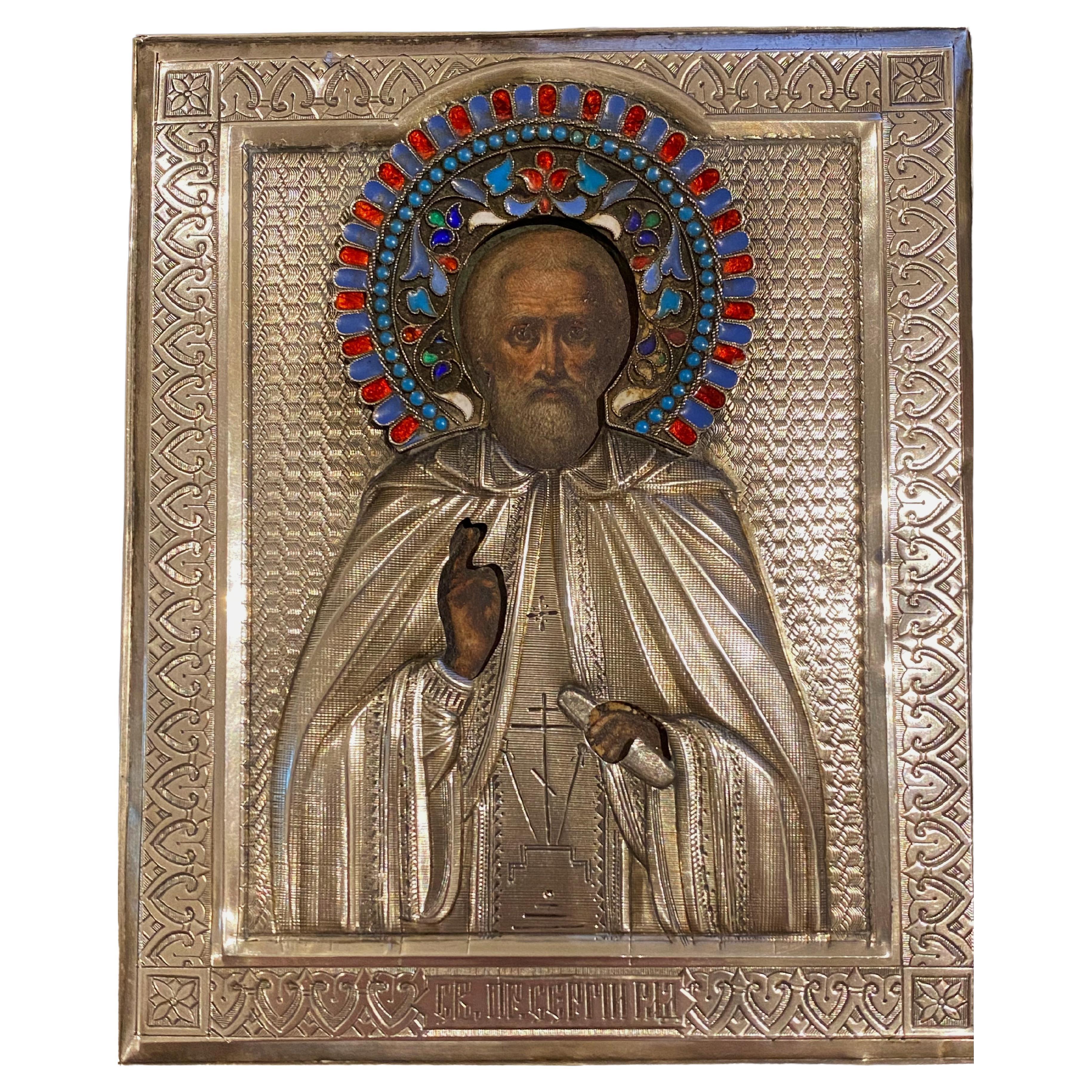 Antica icona russa in argento e smalto cloisonné di San Sergej di S. Galkin del 1899 ca. in vendita