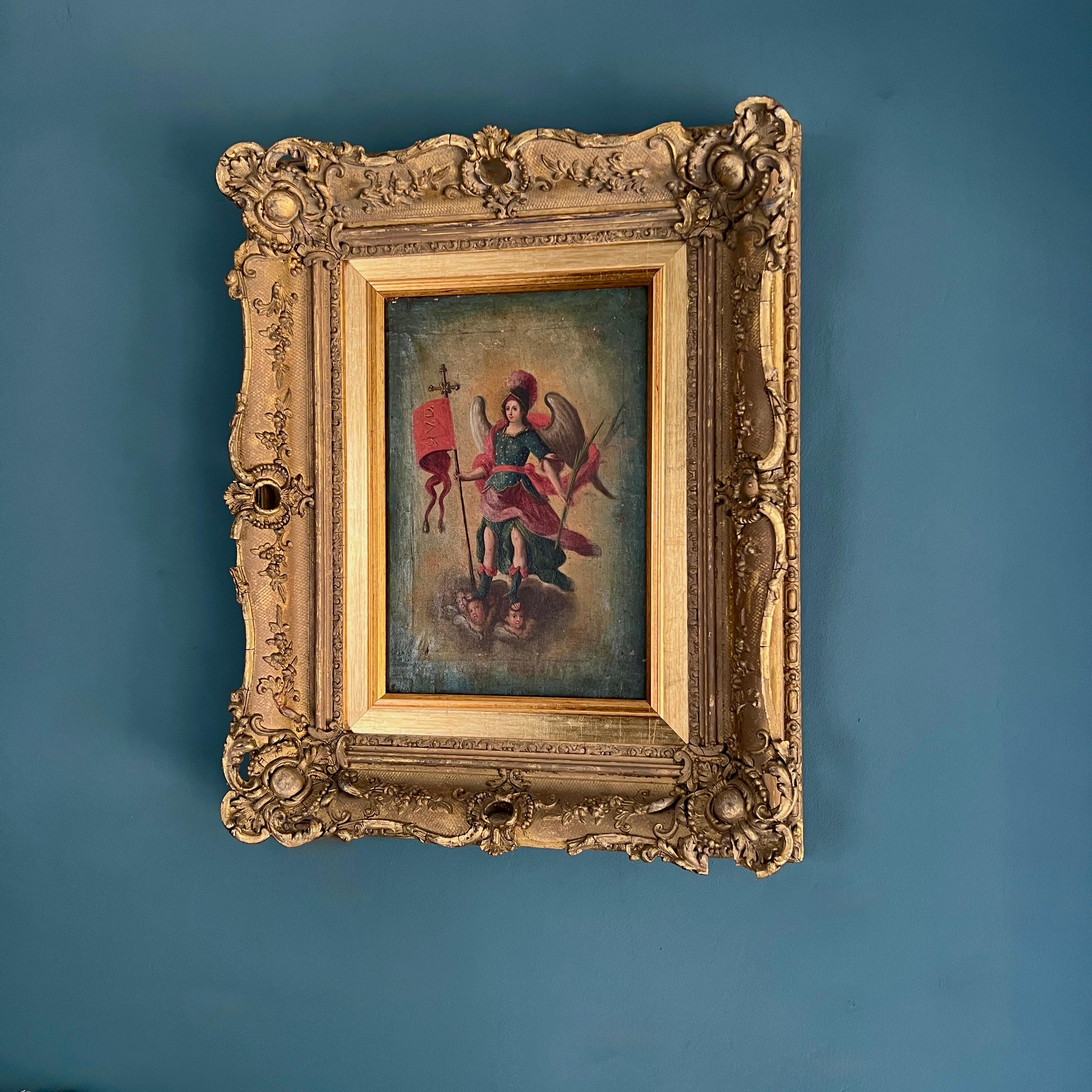 Vers la fin du 18e siècle ou le début du 19e siècle
Huile sur toile / Encadré

Cette charmante peinture à l'huile ancienne représente l'archange Michel, le guerrier céleste et défenseur des fidèles, debout au-dessus d'un trio de putti.

Bien