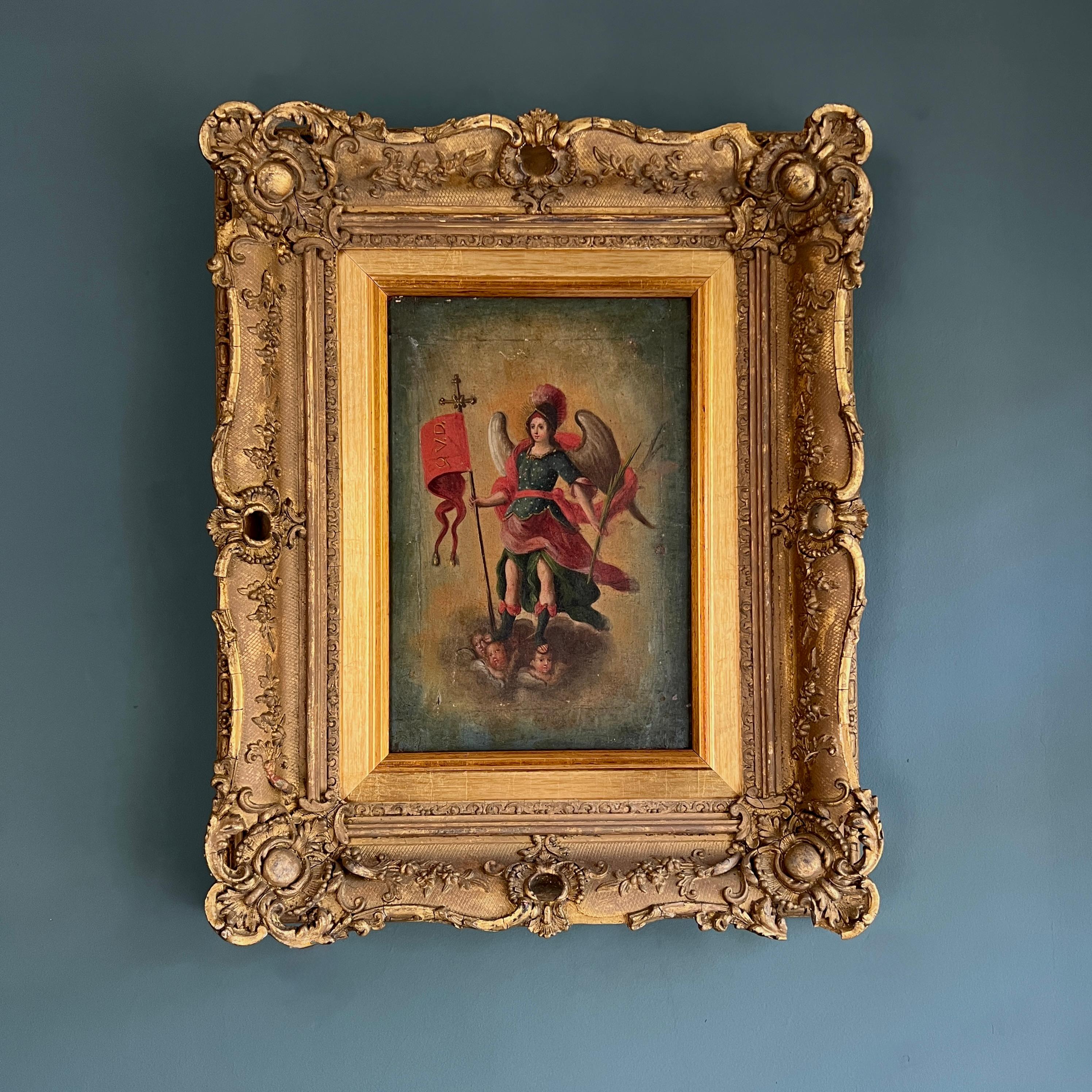 Baroque Peinture à l'huile ancienne du XVIIIe siècle  Archange Michel dans un cadre doré en vente