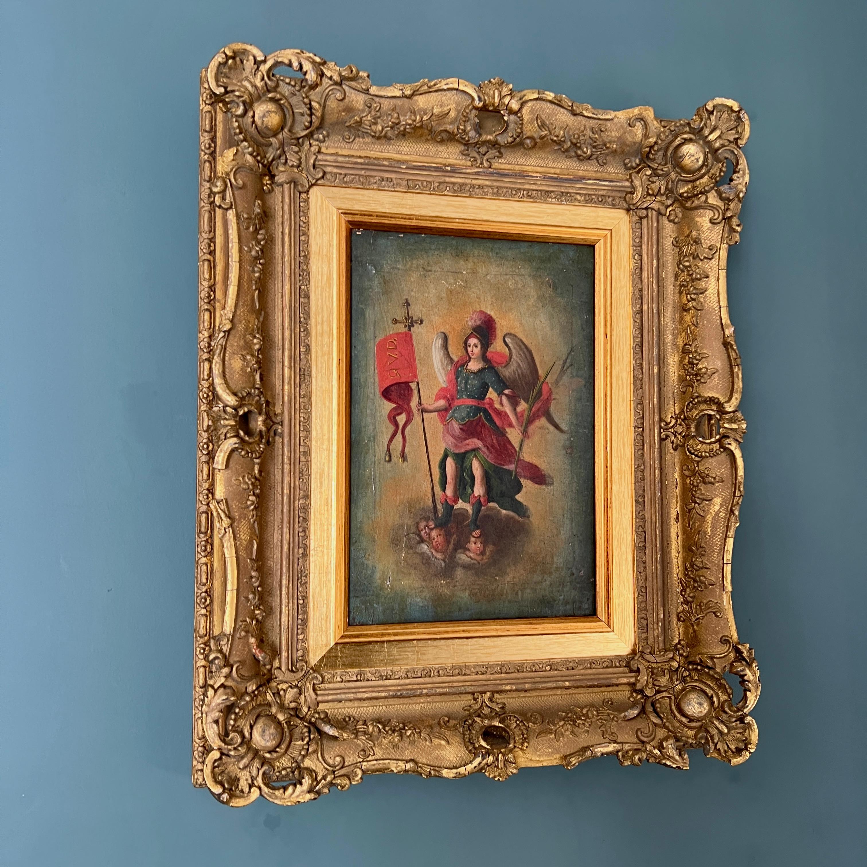 italien Peinture à l'huile ancienne du XVIIIe siècle  Archange Michel dans un cadre doré en vente
