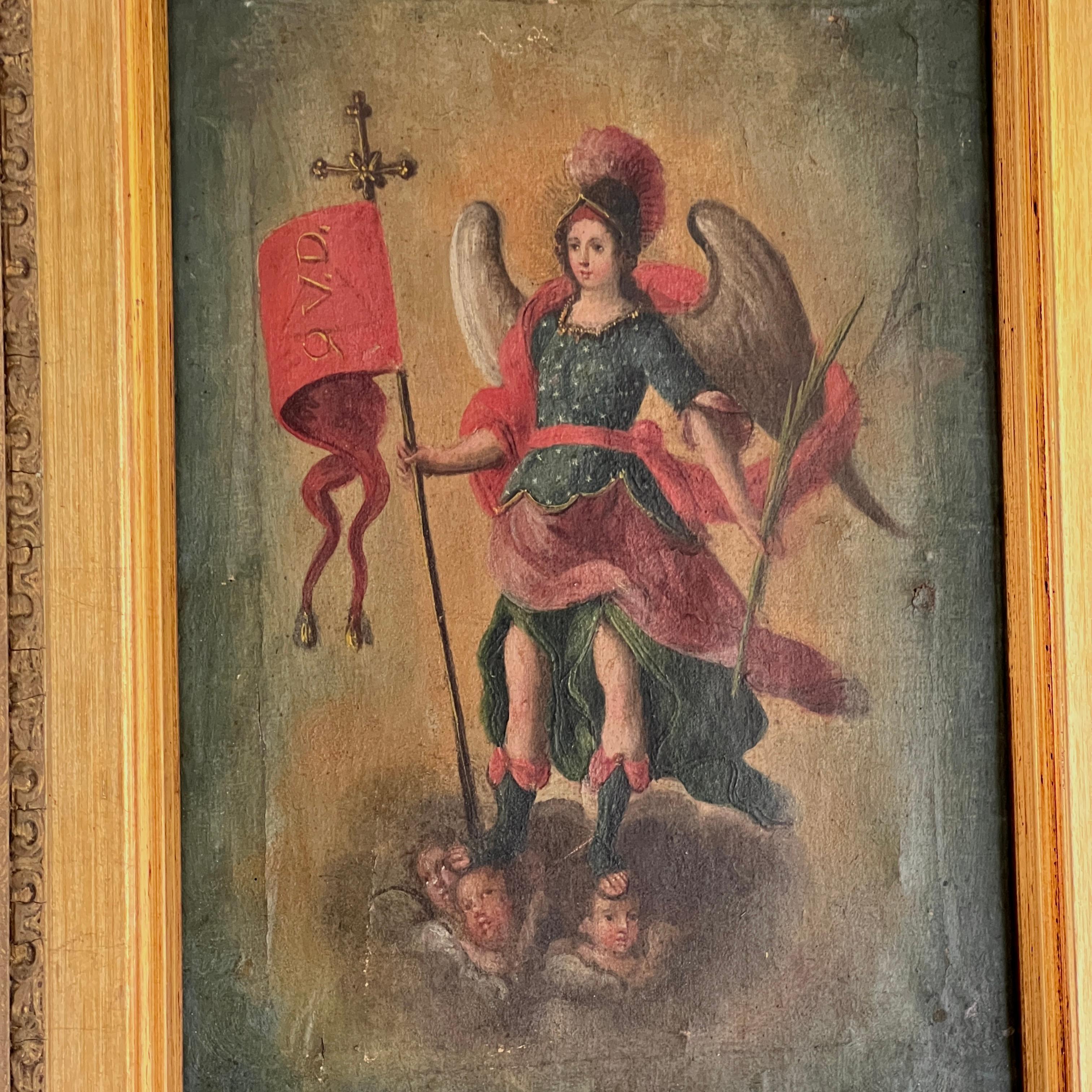Peinture à l'huile ancienne du XVIIIe siècle  Archange Michel dans un cadre doré Bon état - En vente à London, GB