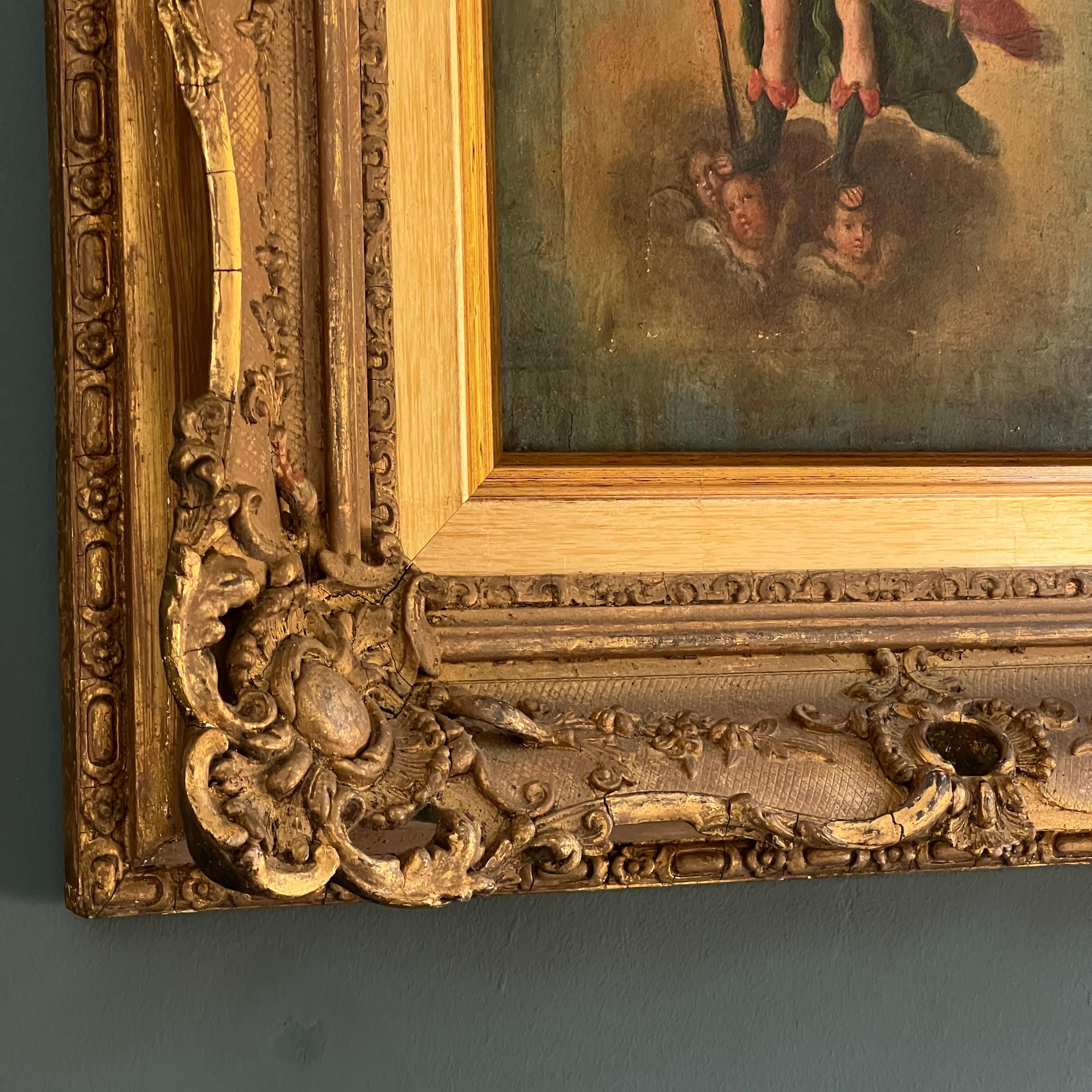 Gesso Peinture à l'huile ancienne du XVIIIe siècle  Archange Michel dans un cadre doré en vente