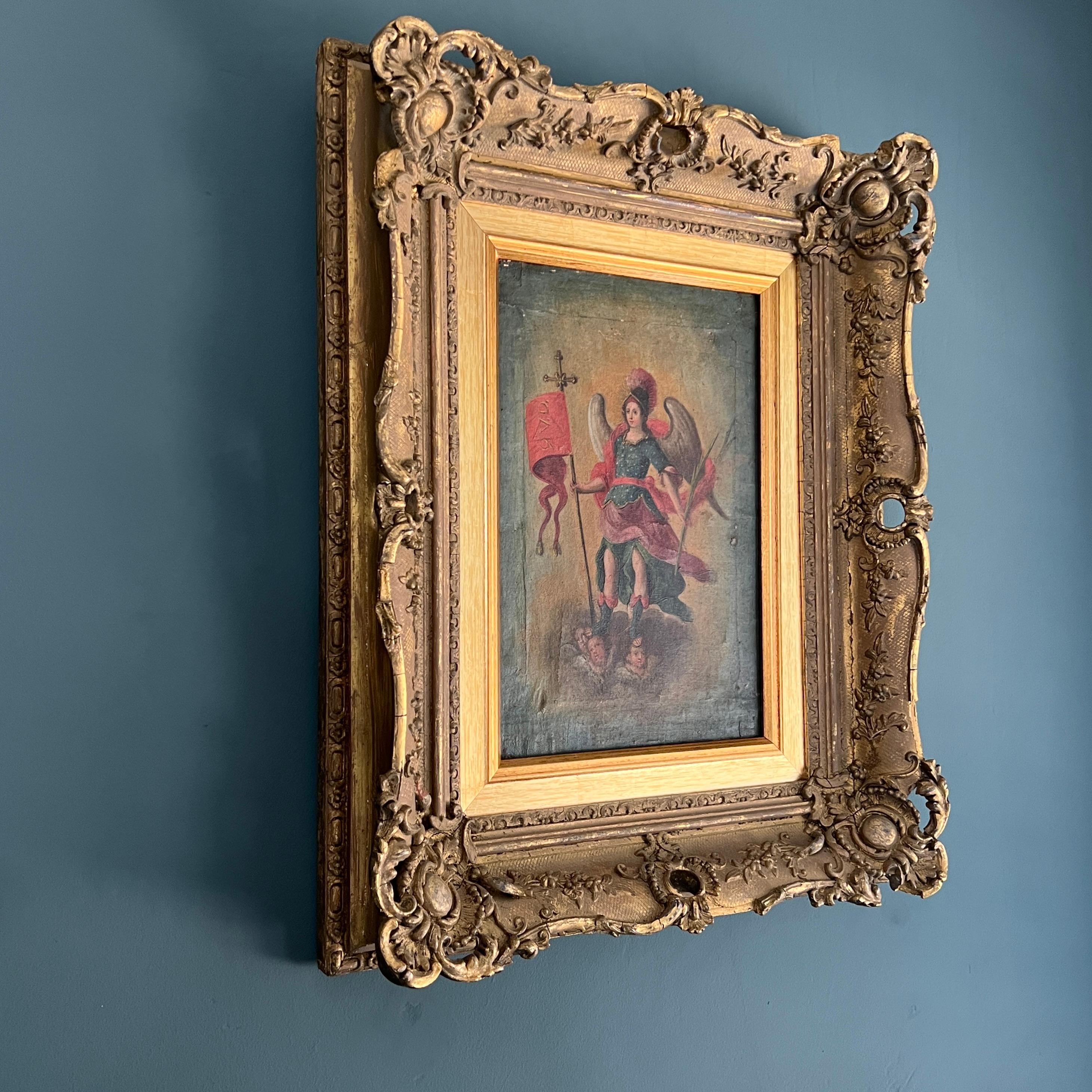 Peinture à l'huile ancienne du XVIIIe siècle  Archange Michel dans un cadre doré en vente 1