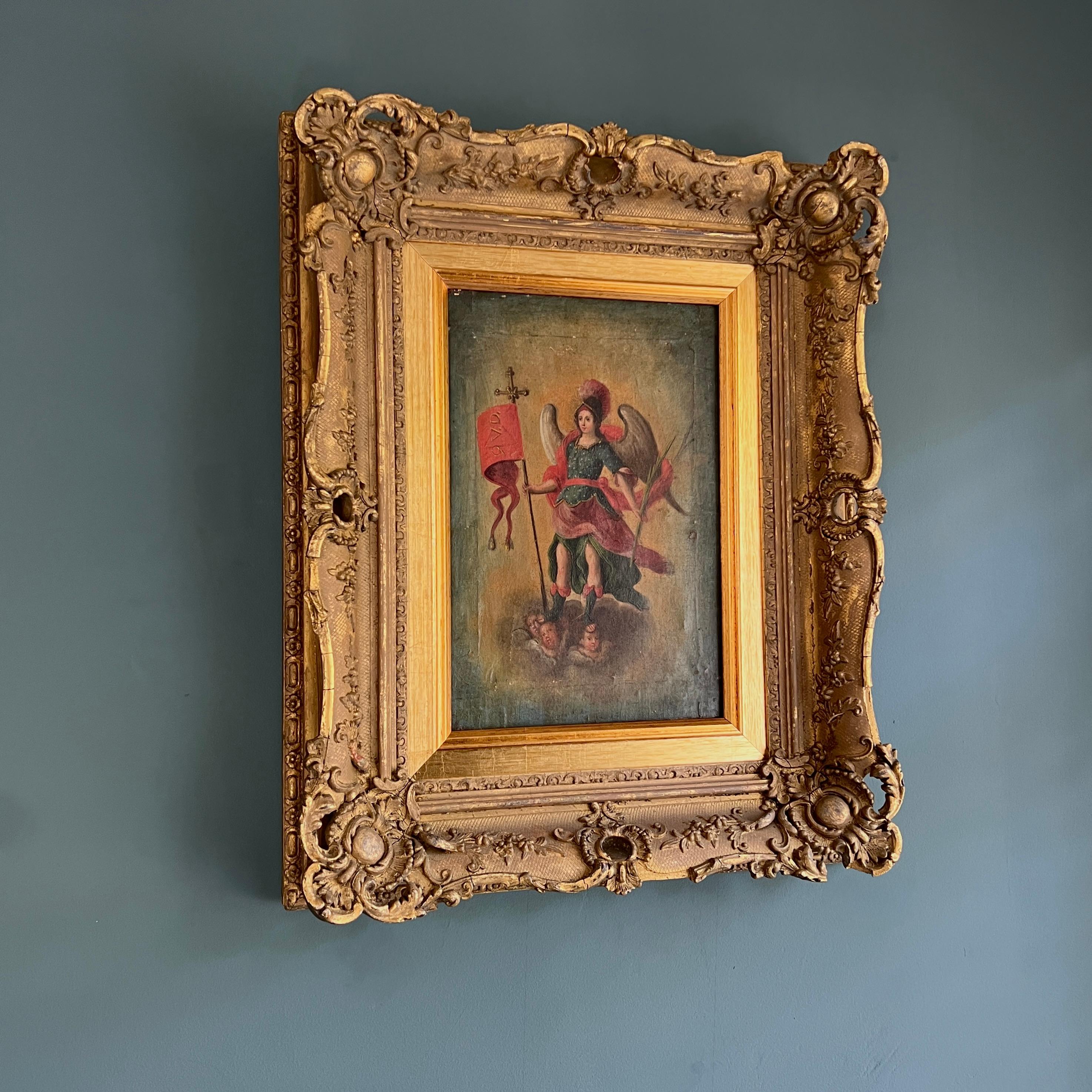 Peinture à l'huile ancienne du XVIIIe siècle  Archange Michel dans un cadre doré en vente 2