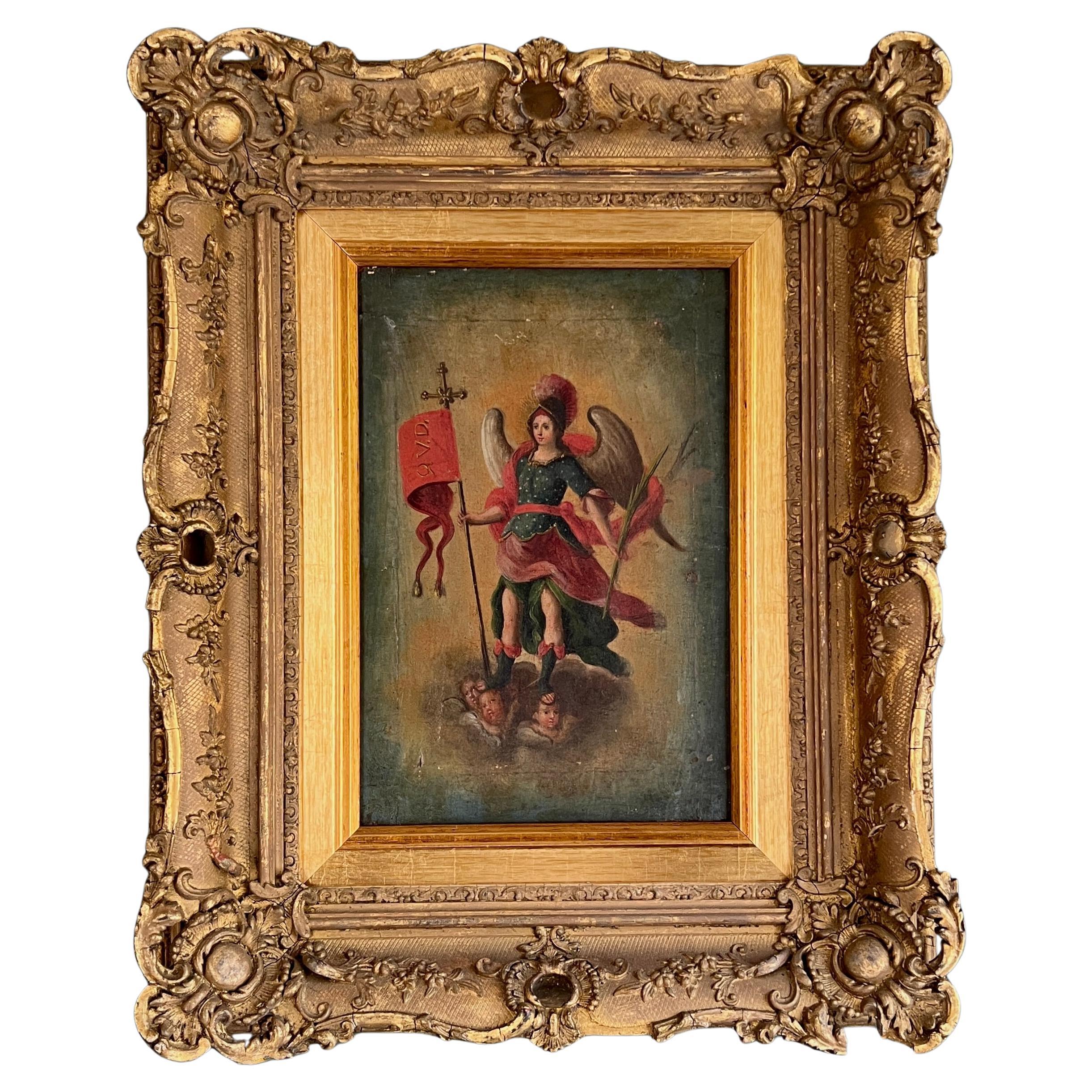 Peinture à l'huile ancienne du XVIIIe siècle  Archange Michel dans un cadre doré