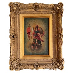 Antique C18th Oil Painting Of  Archangel Michael In Gilt Frame