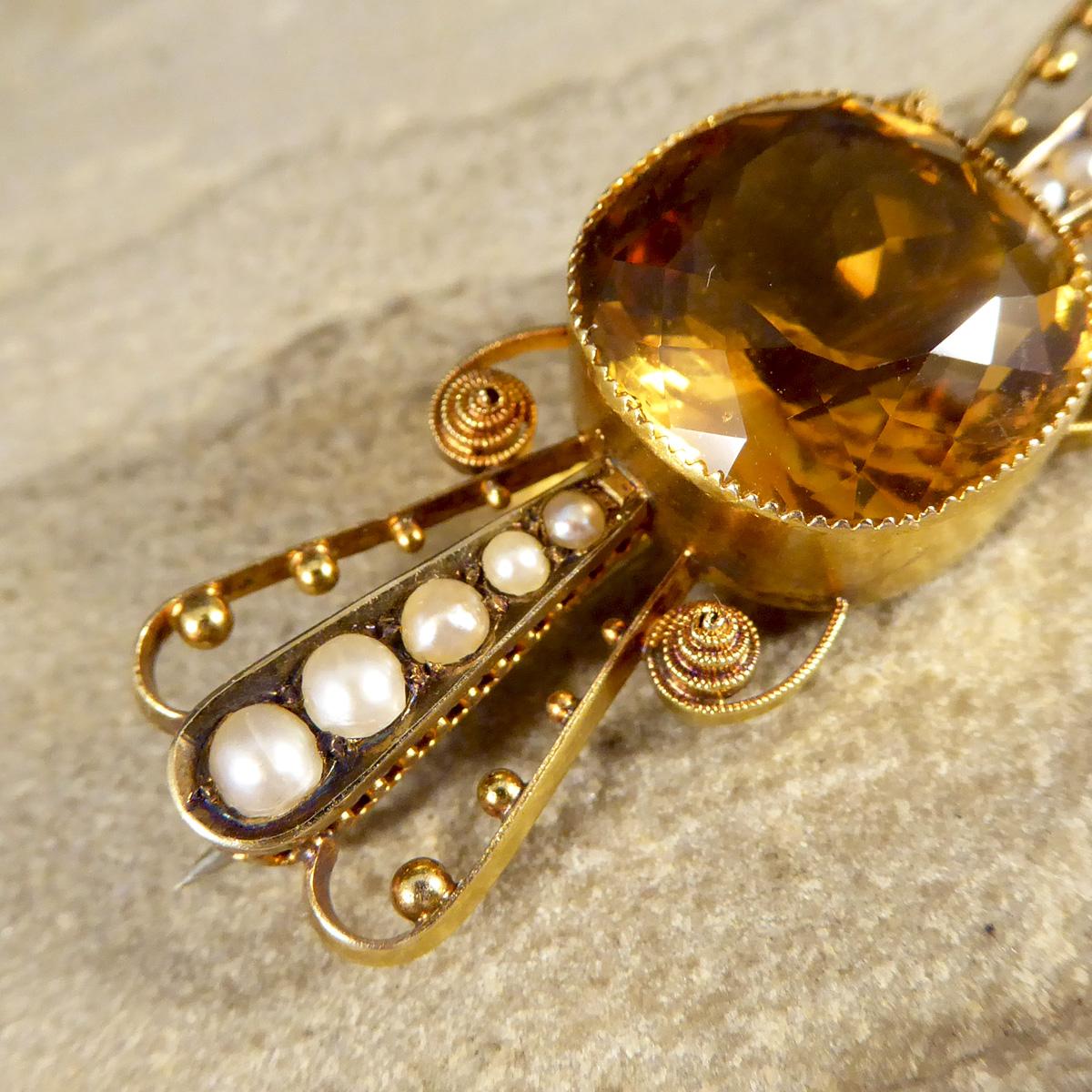 Antike Citrin-Brosche mit Kragen und Perlen- und Punkt-Deko-Ohrringe aus Gold, 1900 im Angebot 2