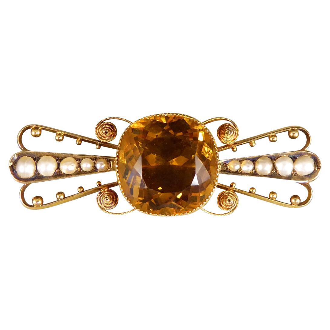 Antique C1900 Collar Set Citrene Brooch with Pearl and Dot Decorative Wings Gold For Sale