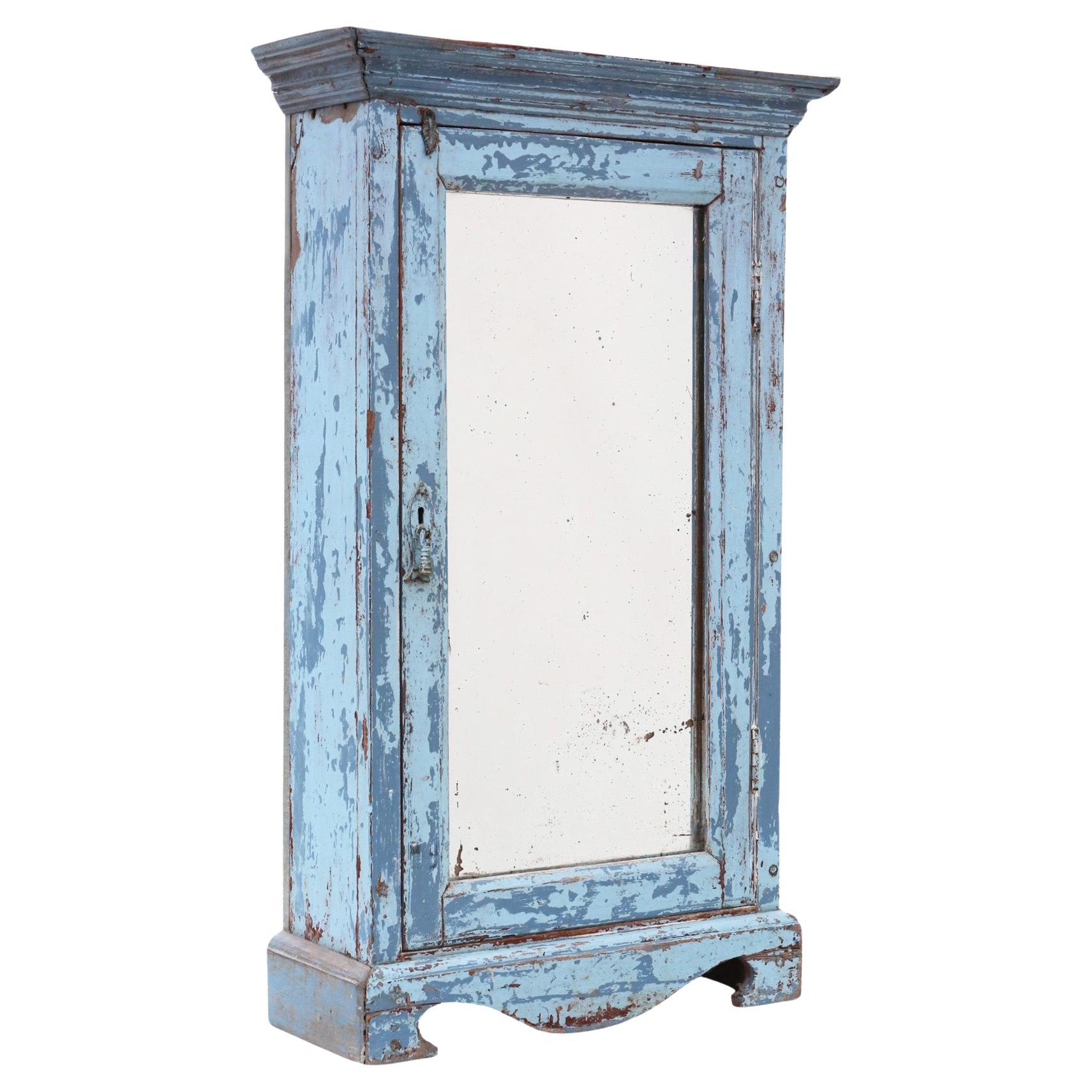 Antique c.1900 Distressed Blue Painted Cabinet Mirror – Early 20th Century For Sale