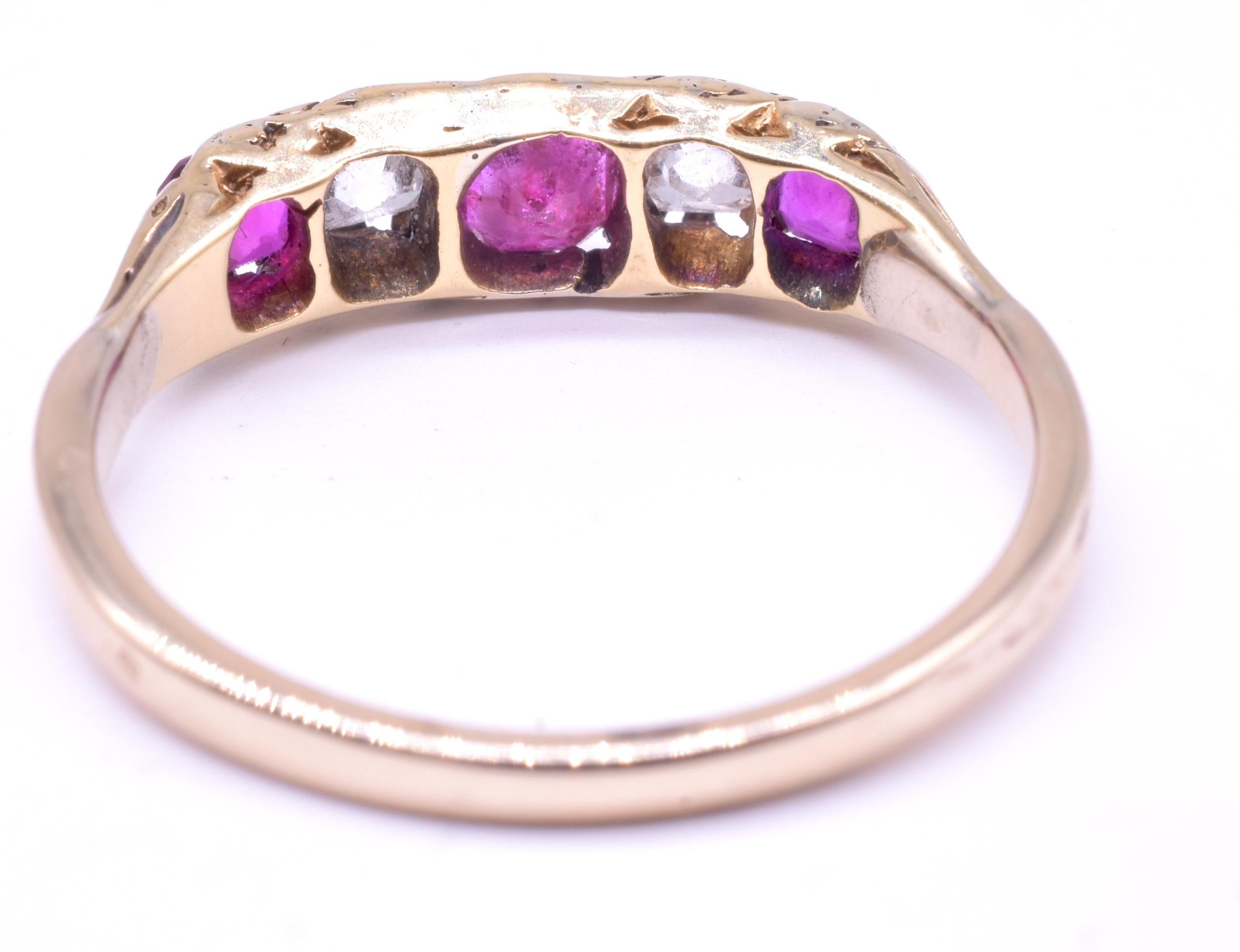 Cushion Cut Antique C1900 Five Stone Half Hoop Ring of Diamonds and Rubies