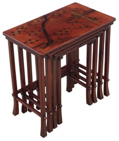 Antique c.1900 Japanese Red Lacquer Nest of 4 Side / Occasional Tables – Quality