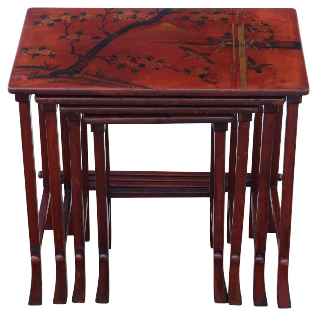 British Antique c.1900 Japanese Red Lacquer Nest of 4 Side / Occasional Tables – Quality For Sale