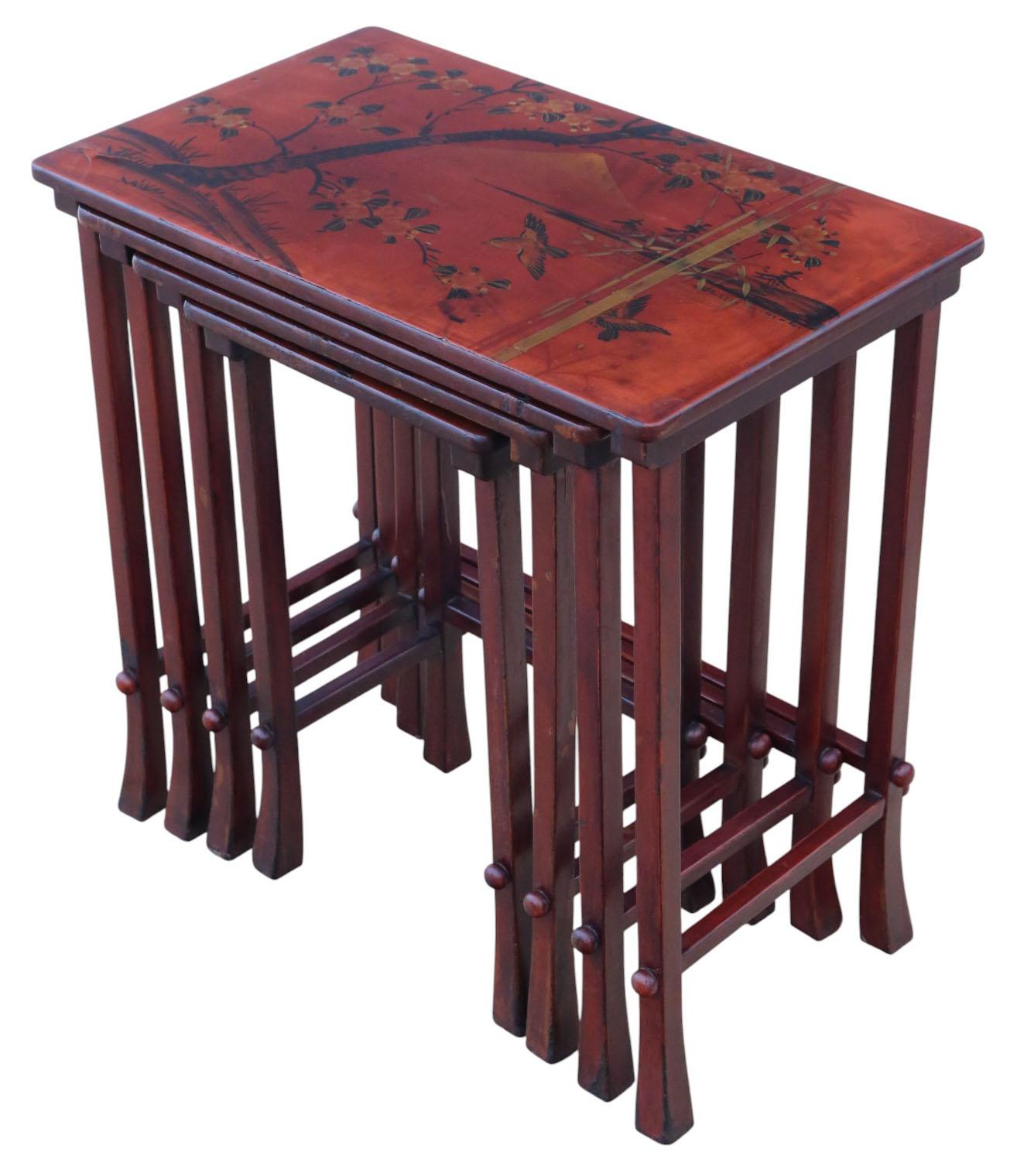 Antique c.1900 Japanese Red Lacquer Nest of 4 Side / Occasional Tables – Quality In Good Condition For Sale In Wisbech, Cambridgeshire