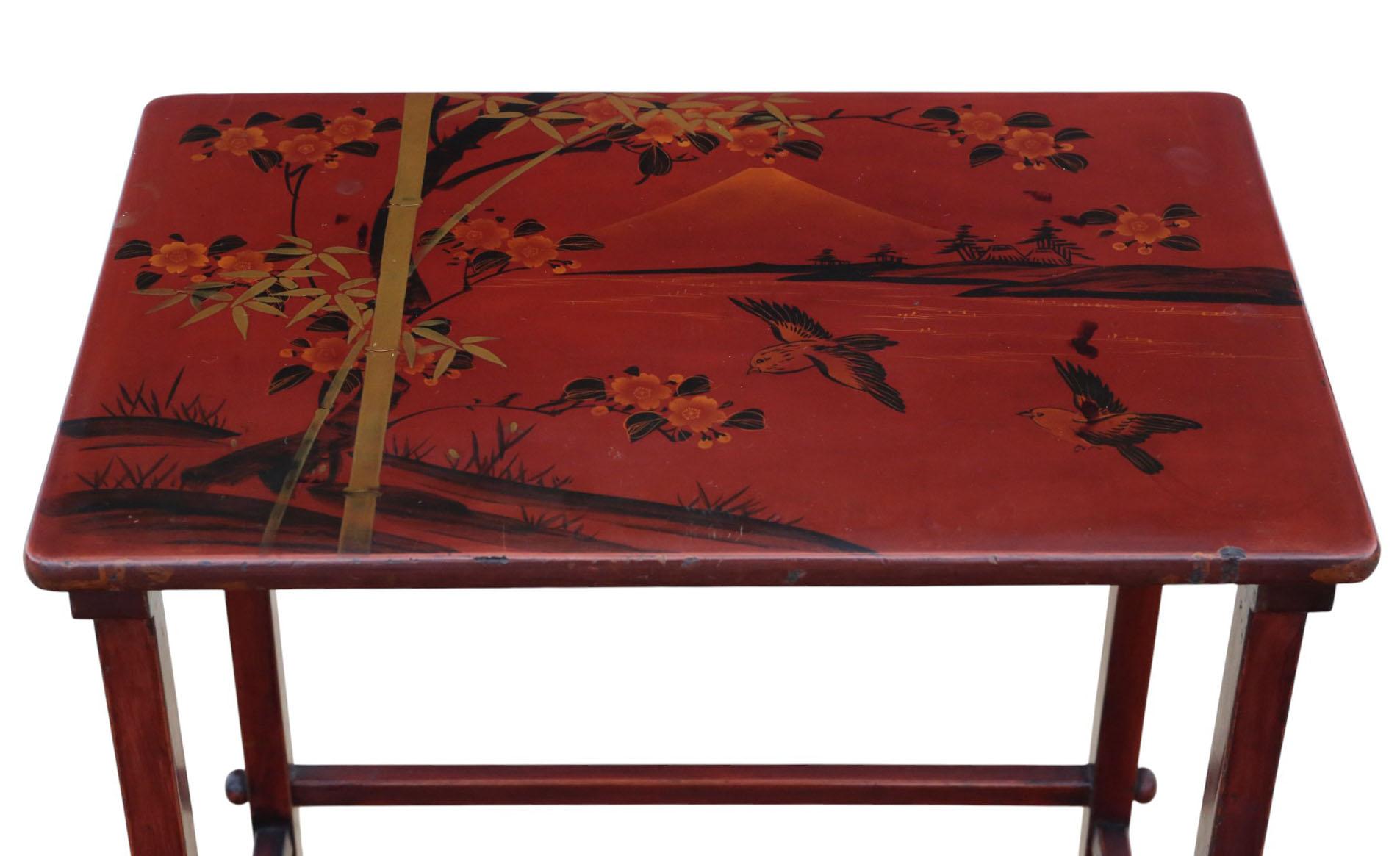 Antique c.1900 Japanese Red Lacquer Nest of 4 Side / Occasional Tables – Quality For Sale 1