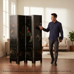 Antique c.1900 Large Victorian Chinoiserie Black Lacquer Papier Mâché Screen