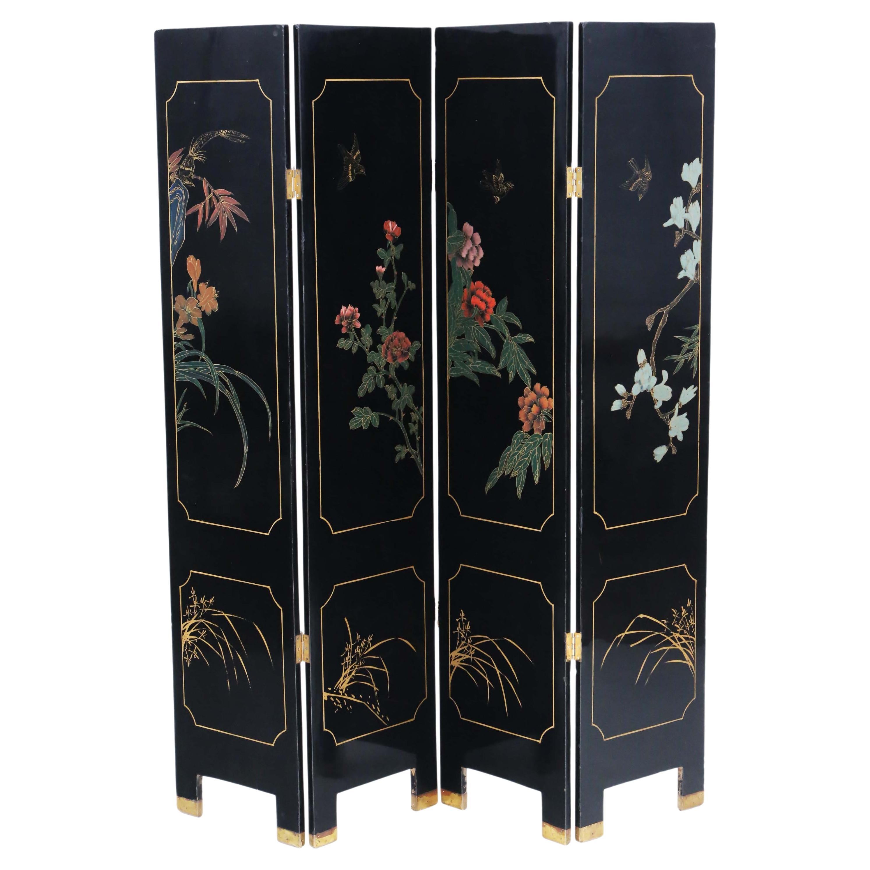 Antique c.1900 Large Victorian Chinoiserie Black Lacquer Papier Mâché Screen