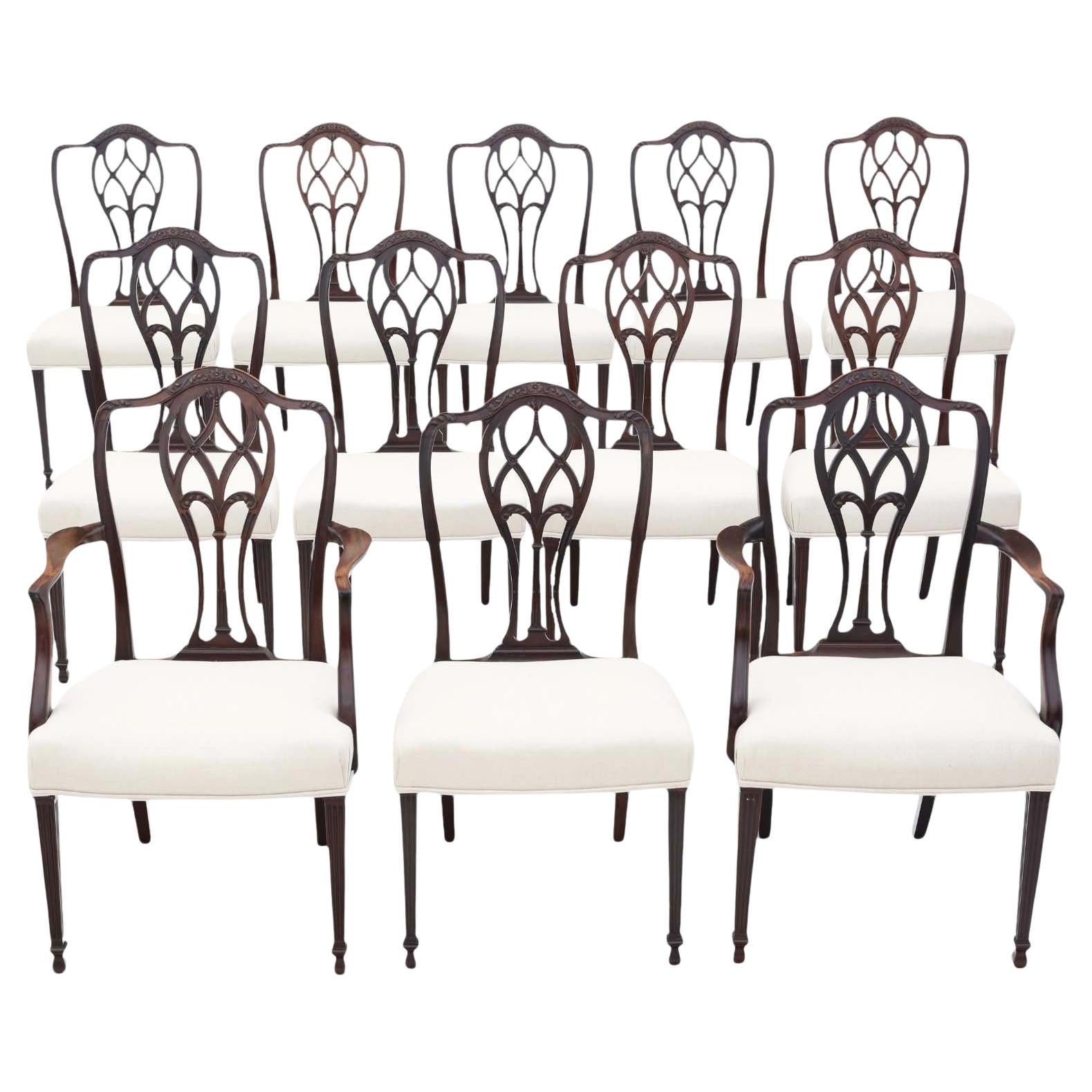 Antique c.1900 Set of 12 Mahogany Dining Chairs – 10 Plus 2 Carvers