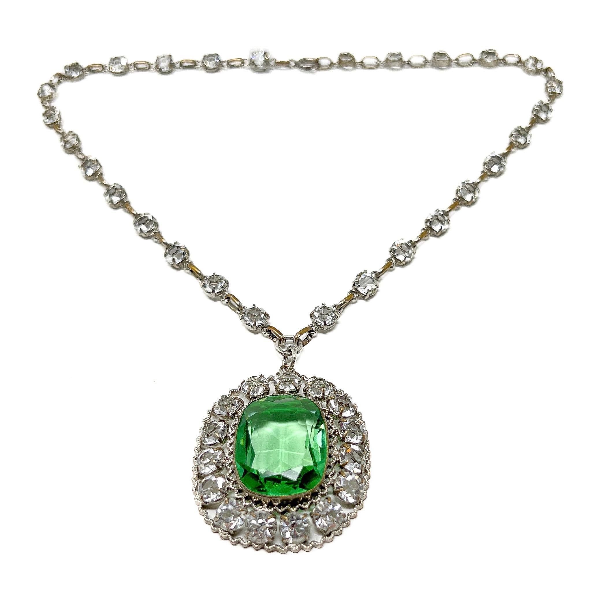 Art Deco Antique c.1910 Crystal and Green Glass Pendant Necklace For Sale