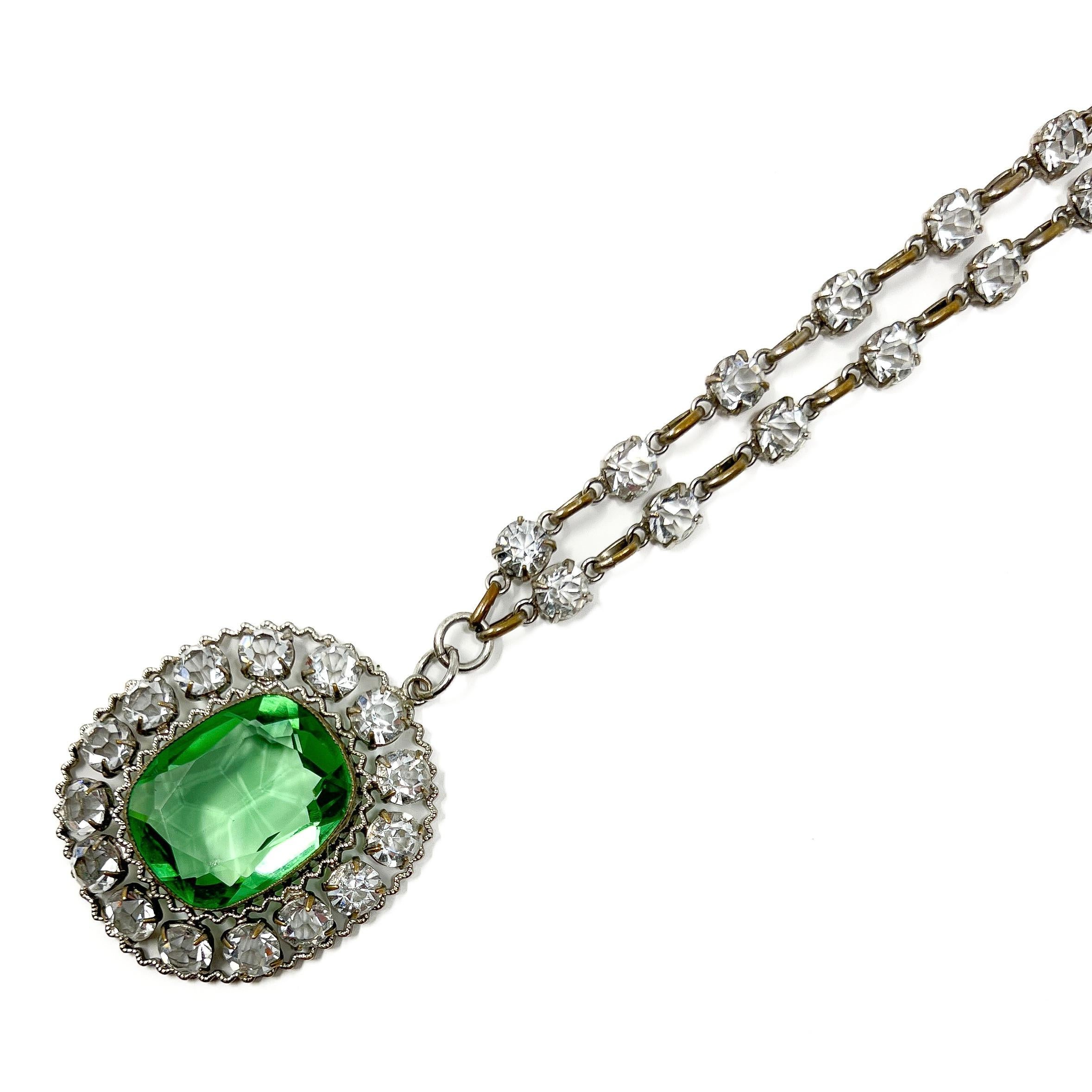 Women's Antique c.1910 Crystal and Green Glass Pendant Necklace For Sale