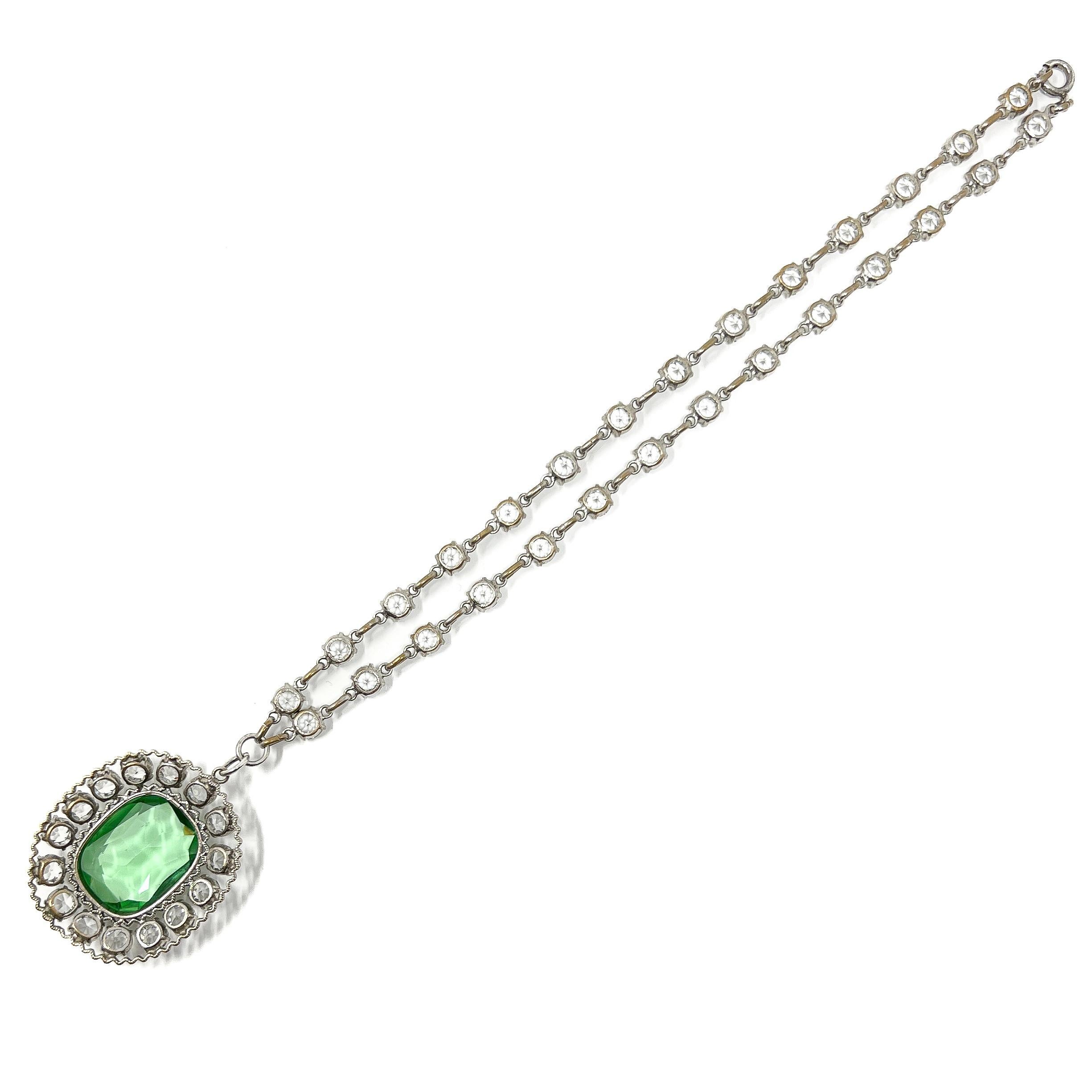 Antique c.1910 Crystal and Green Glass Pendant Necklace For Sale 2
