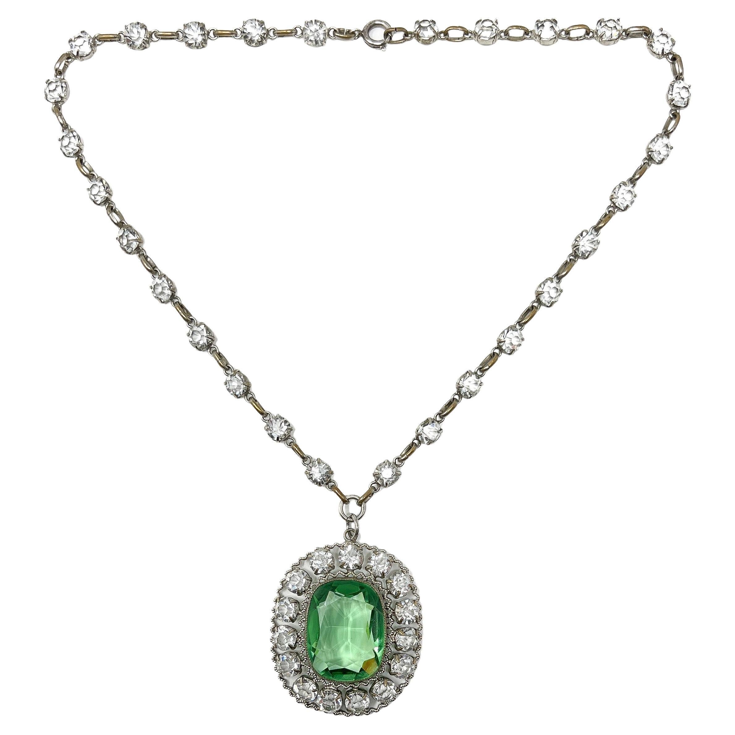 Antique c.1910 Crystal and Green Glass Pendant Necklace For Sale