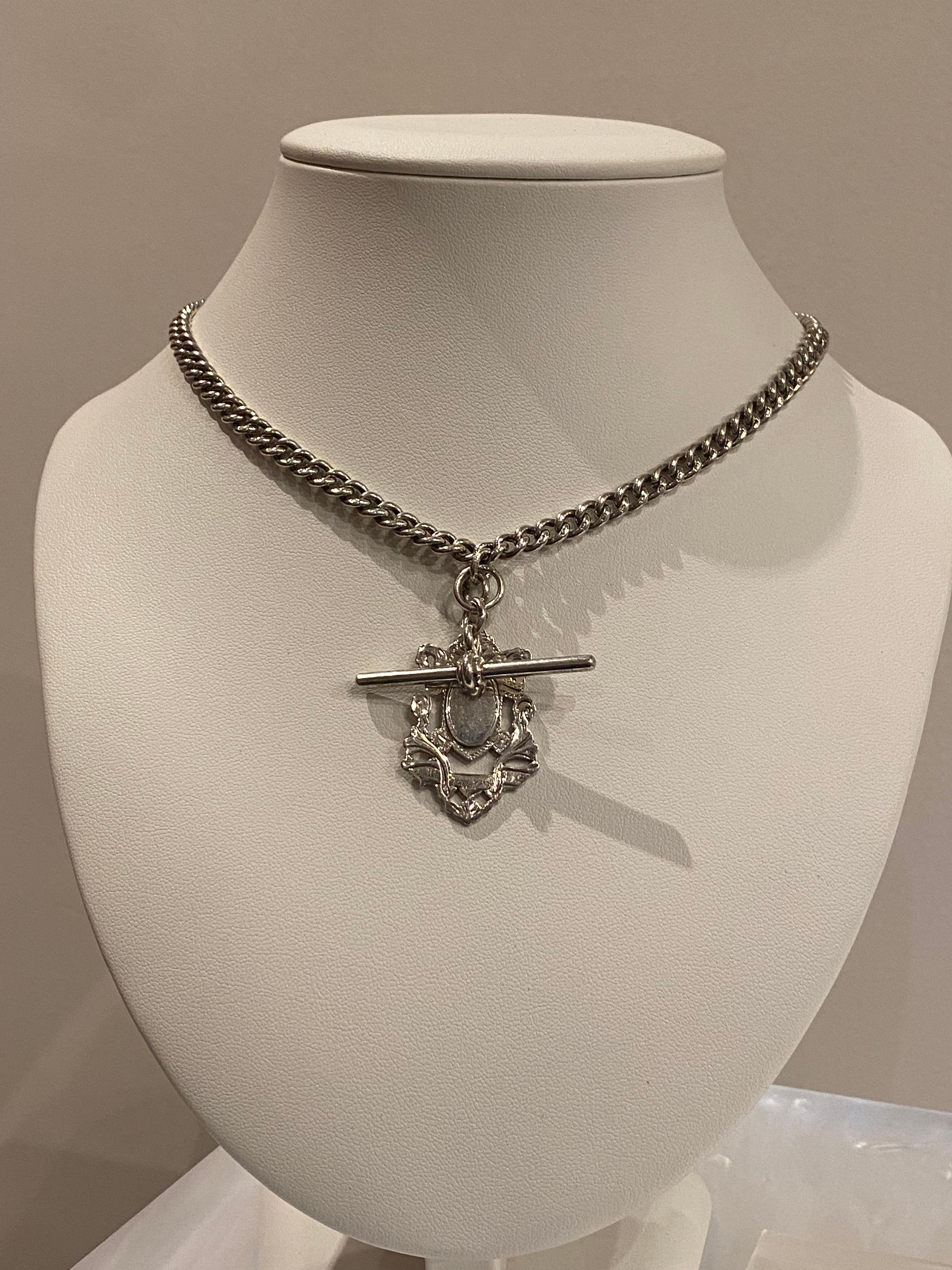Antique c1910 English Silver Albert Chain , with Shield Shaped Pendant & T-bar. In Excellent Condition For Sale In MELBOURNE, AU