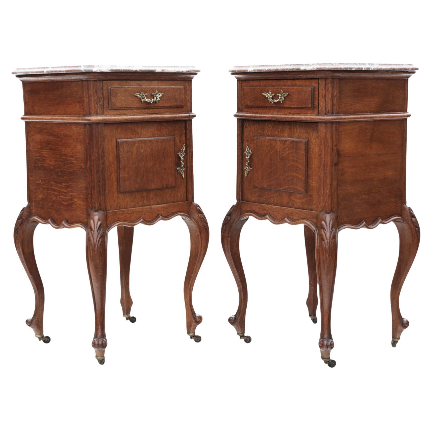 Antique c.1910 Oak Pair of Marble-Top Bedside Tables – Fine Quality Nightstands