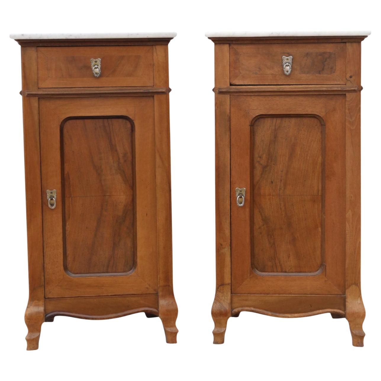 Antique c.1910 Pair of Cherry & Walnut Bedside Tables Marble Tops Nightstands