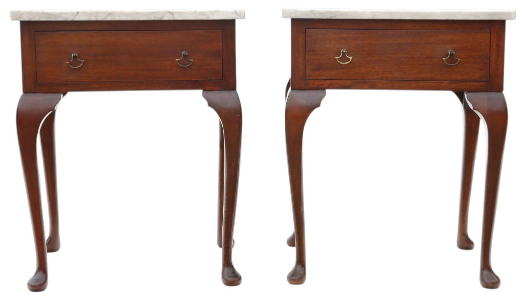 Antique c.1910 Pair of Mahogany Bedside Tables Marble Tops Nightstands Lamp In Good Condition For Sale In Wisbech, Cambridgeshire