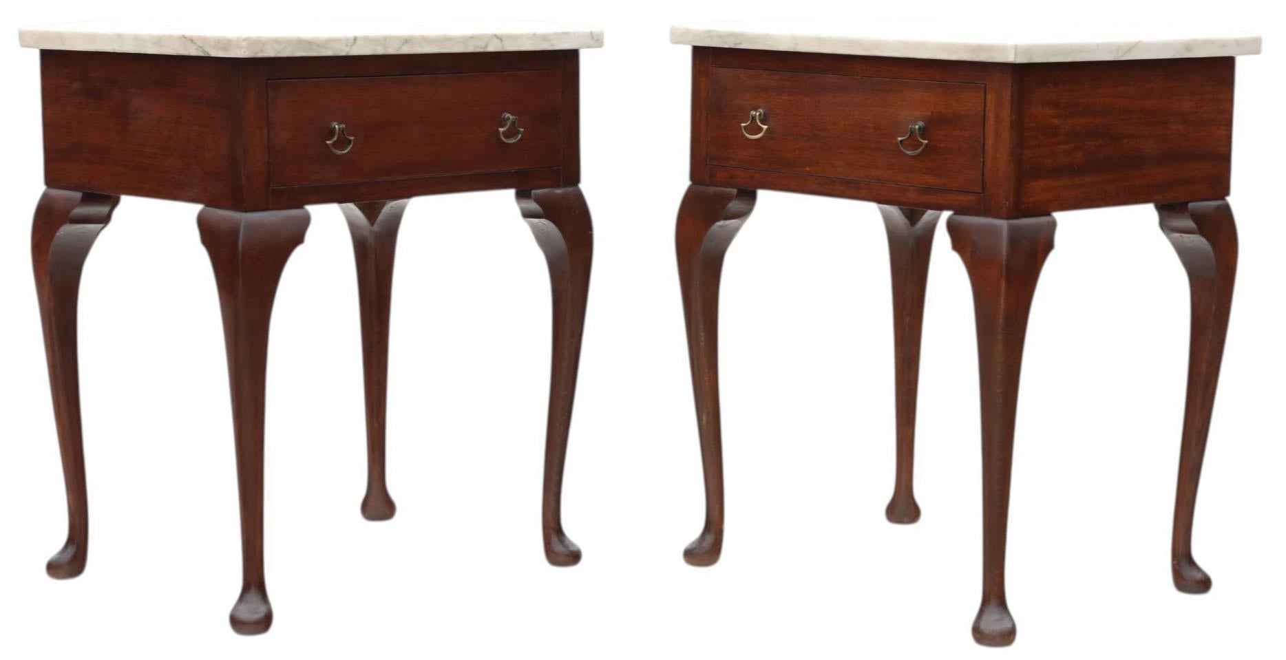 Antique c.1910 Pair of Mahogany Bedside Tables Marble Tops Nightstands Lamp For Sale 1