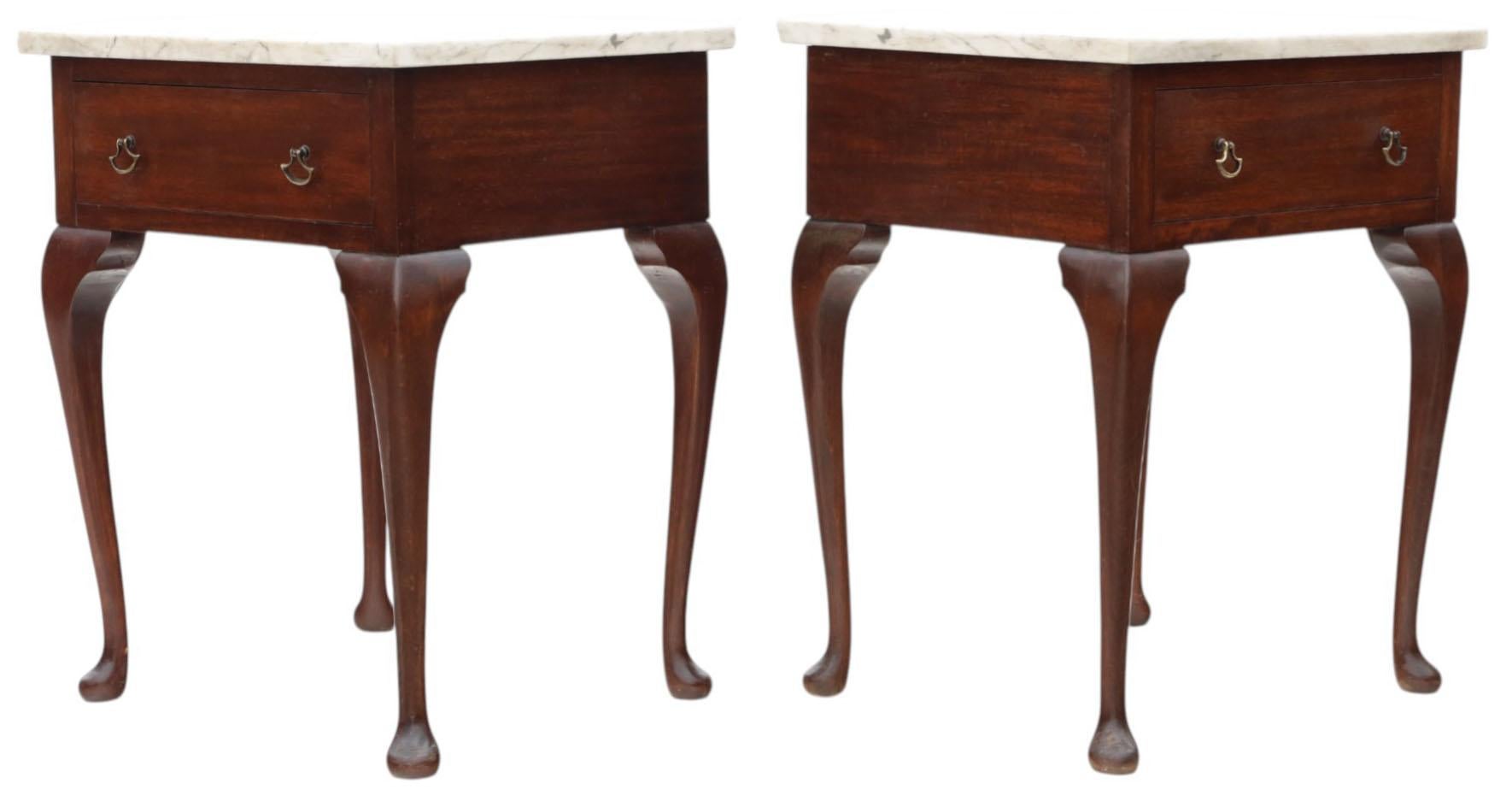 Antique c.1910 Pair of Mahogany Bedside Tables Marble Tops Nightstands Lamp For Sale 2