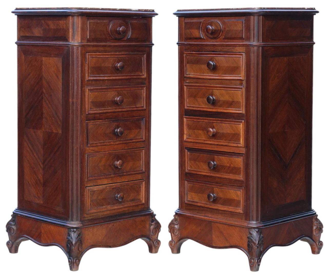 Antico C.C. 1910 Coppia di Comodini alti in legno impiallacciato di qualità in vendita 1
