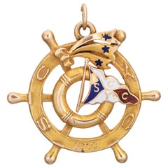 Antique c1910 Ships Wheel Pendant Nautical Jewelry 14k LA Yacht Club Medallion