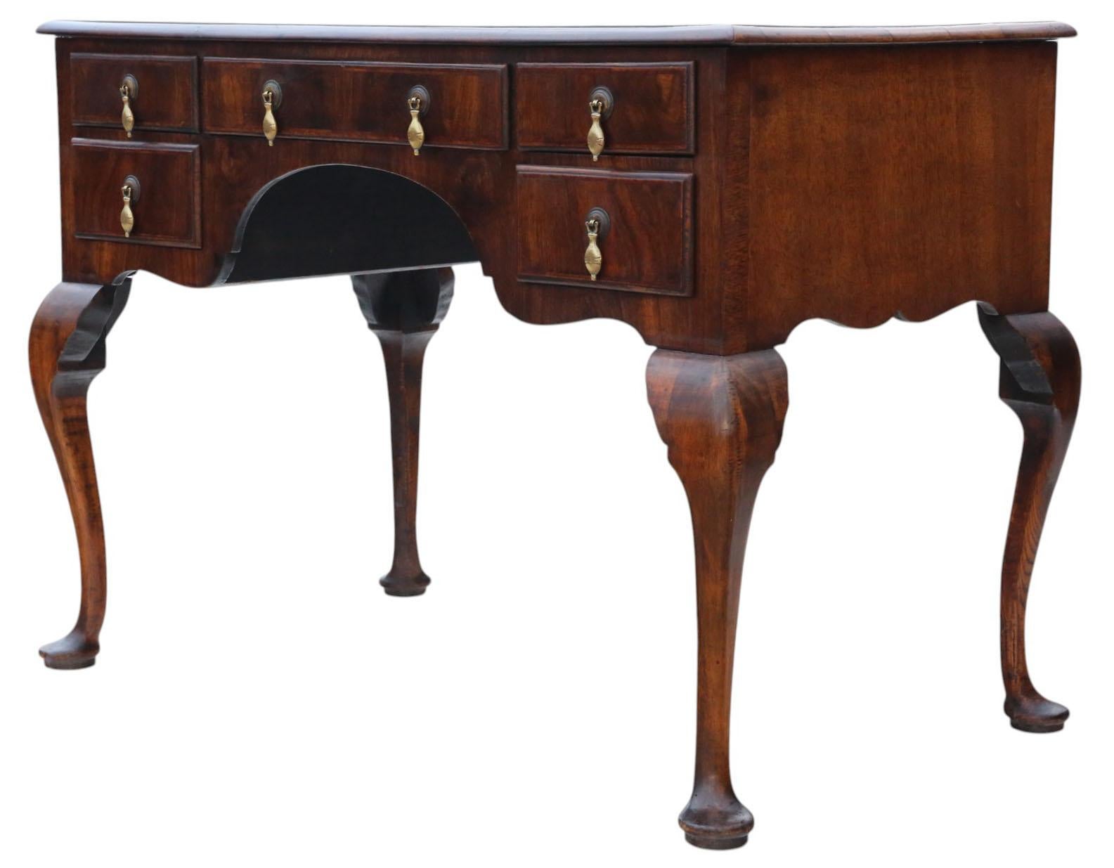 British Antique c.1910 Walnut Figured 5-Drawer Writing Desk / Dressing Table For Sale