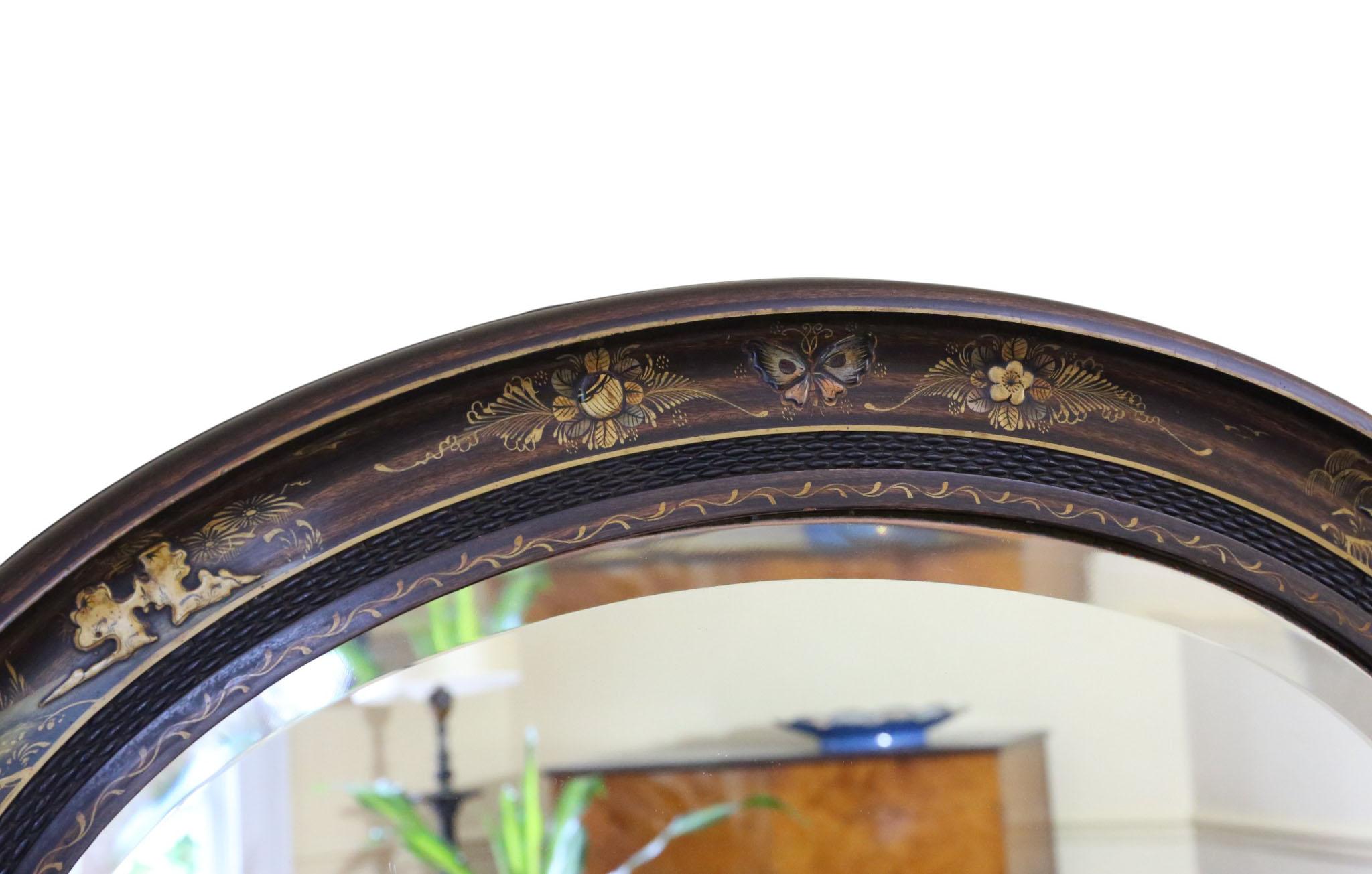 Britannique Antique A.I.C C. 1915 Chinoiserie Oval Overmantle Wall Mirror - Quality Hardwood en vente