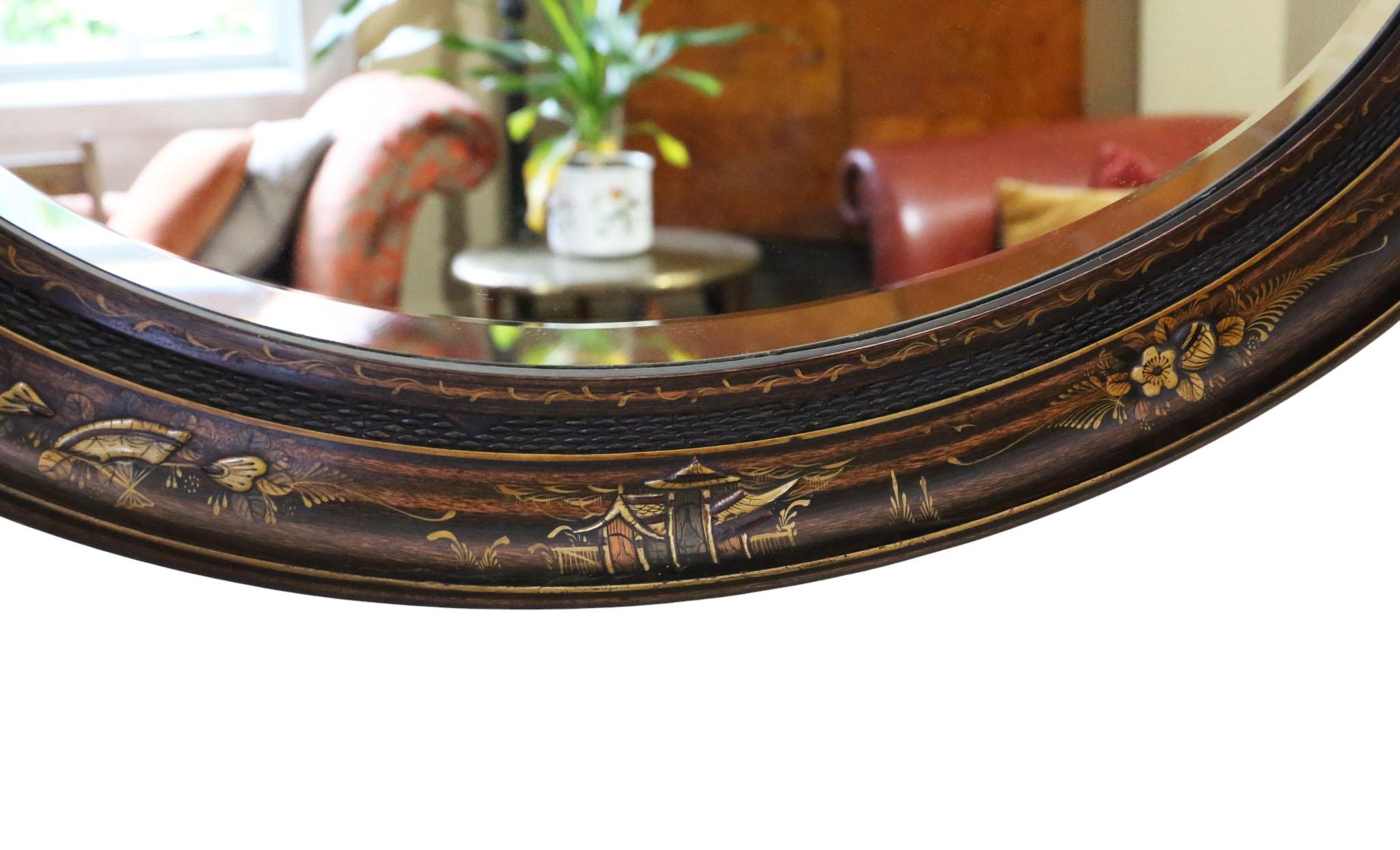 Début du 20ème siècle Antique A.I.C C. 1915 Chinoiserie Oval Overmantle Wall Mirror - Quality Hardwood en vente