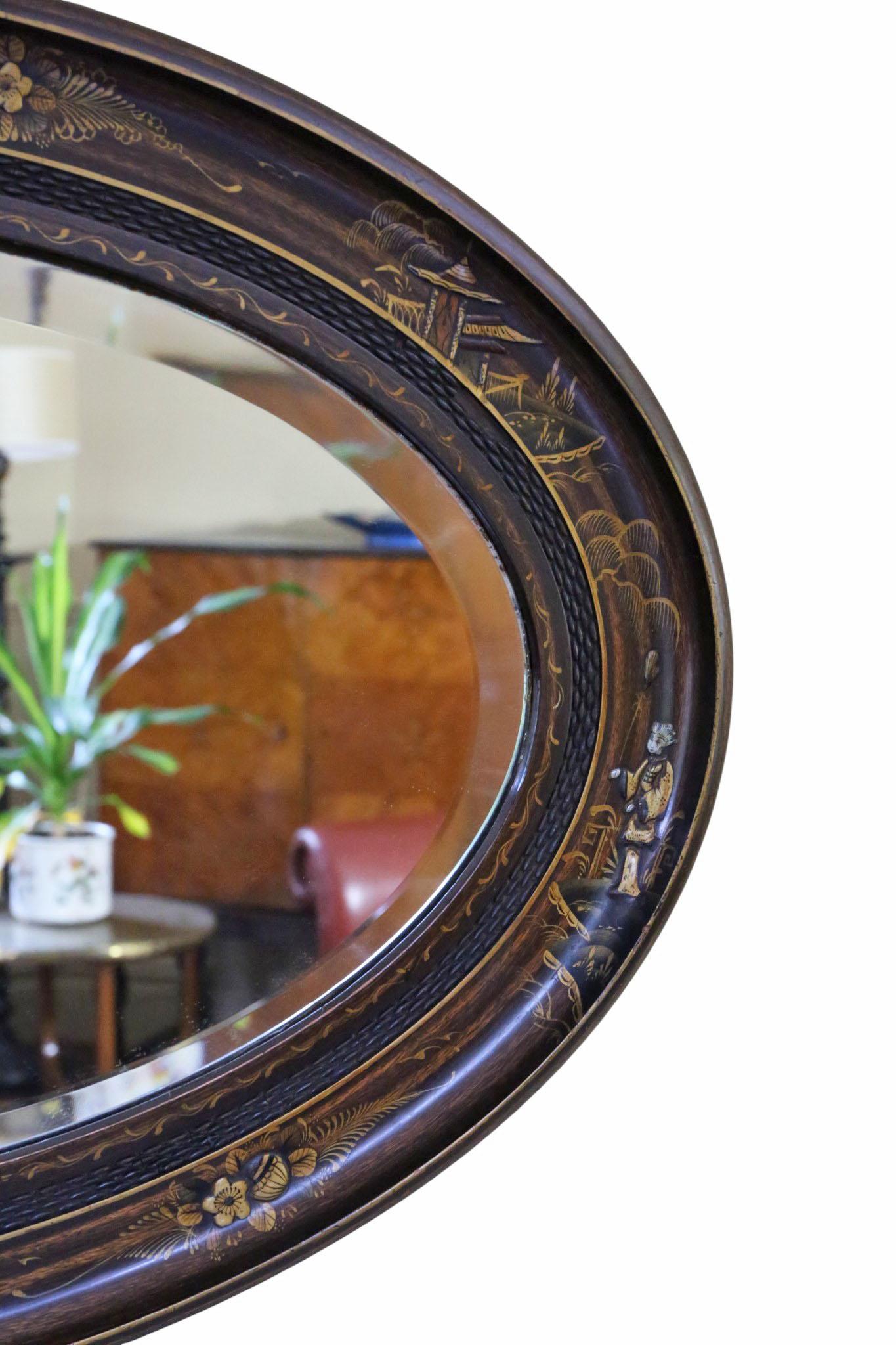 Verre Antique A.I.C C. 1915 Chinoiserie Oval Overmantle Wall Mirror - Quality Hardwood en vente