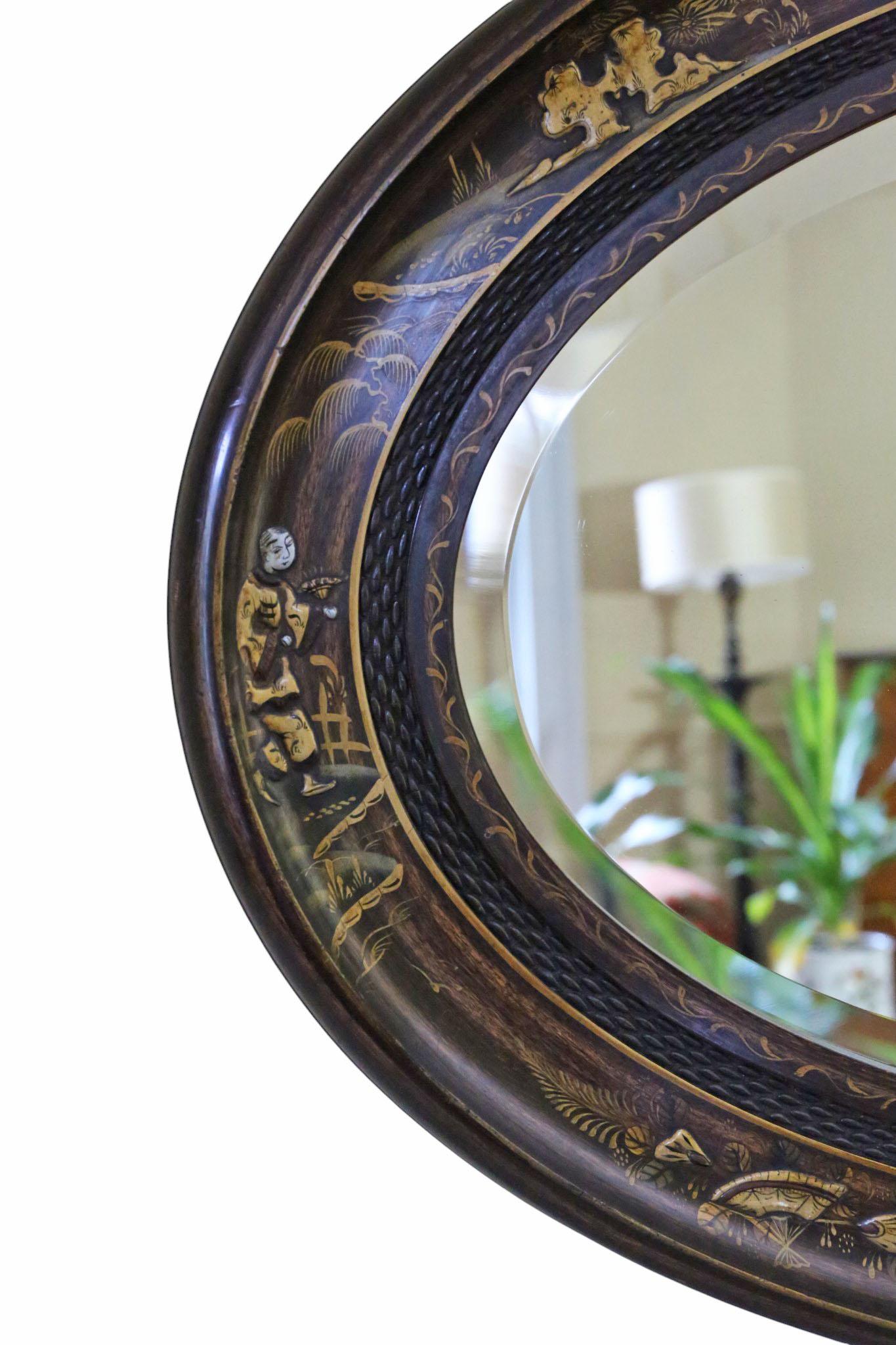 Antique A.I.C C. 1915 Chinoiserie Oval Overmantle Wall Mirror - Quality Hardwood en vente 1