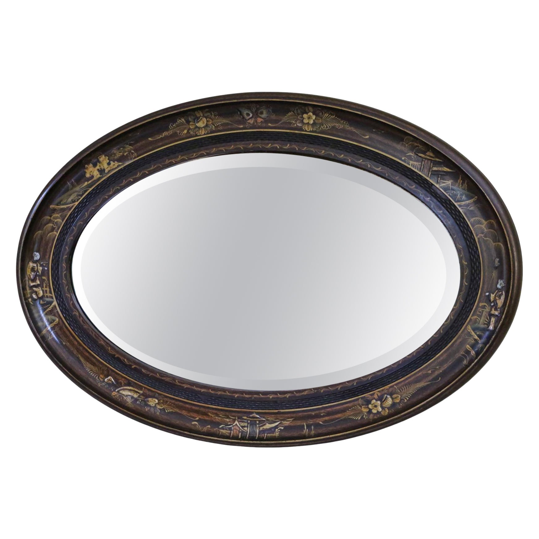 Antique A.I.C C. 1915 Chinoiserie Oval Overmantle Wall Mirror - Quality Hardwood