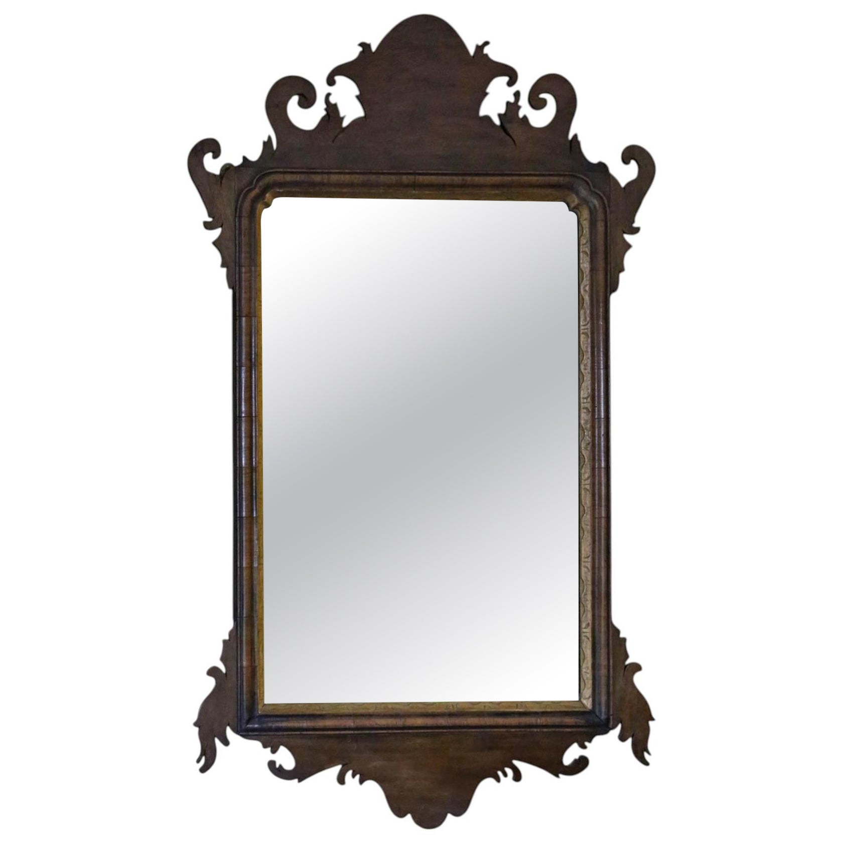 Antique c.1920 Georgian Revival Walnut and Gilt Fret Cut Overmantle/ Wall Mirror