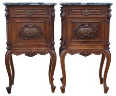 Antique c.1920 Italian Walnut & Marble Bedside Table Cupboards – Fine Quality