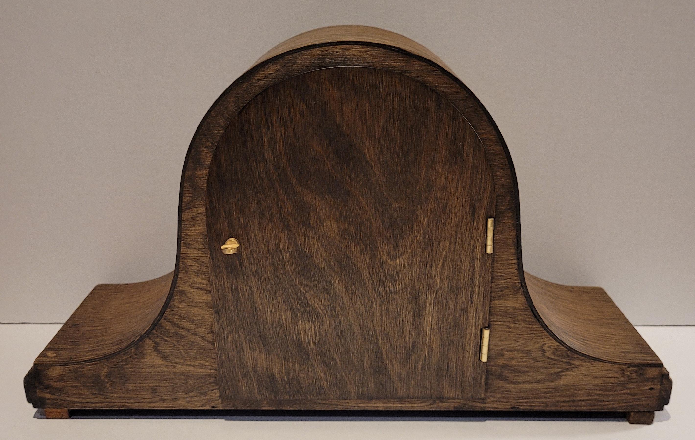 Antique c1920’s English “Empire” Oak Cased Chiming Mantel Clock (Fully Serviced) For Sale 5