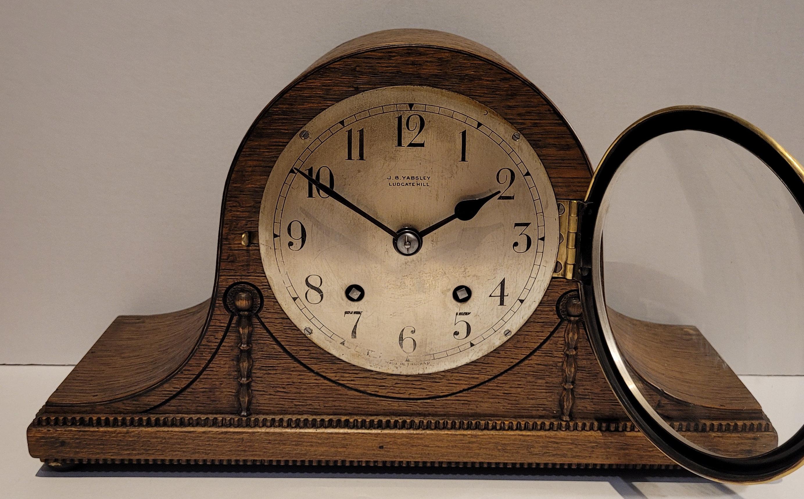 British Antique c1920��’s English “Empire” Oak Cased Chiming Mantel Clock (Fully Serviced) For Sale