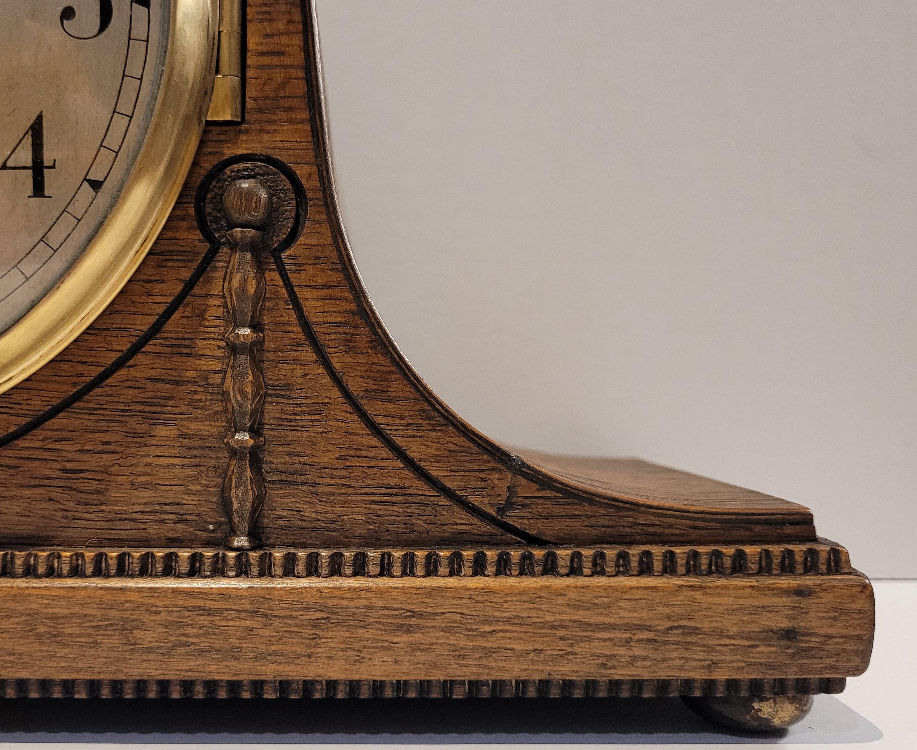 Metal Antique c1920’s English “Empire” Oak Cased Chiming Mantel Clock (Fully Serviced) For Sale