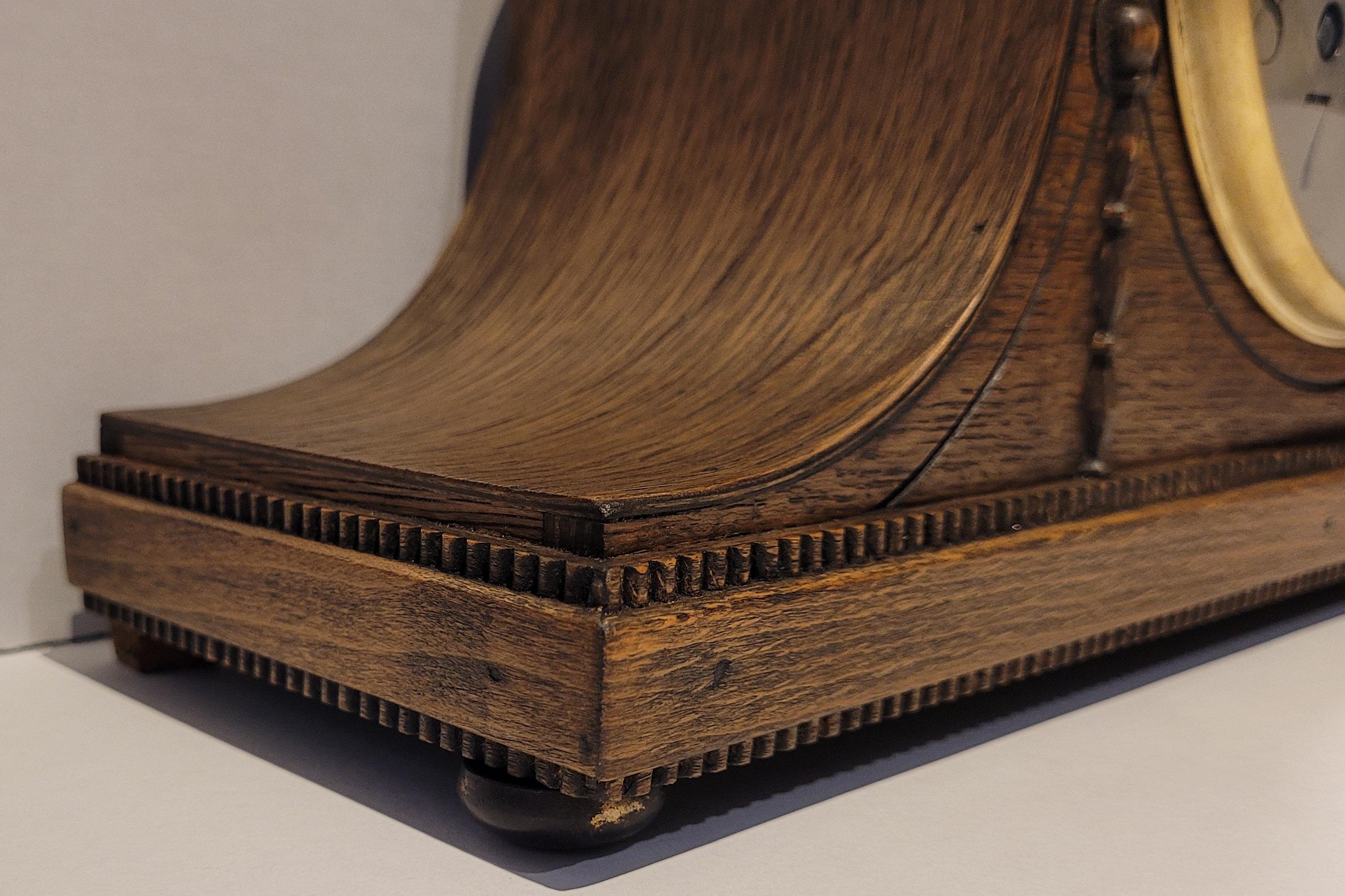 Antique c1920’s English “Empire” Oak Cased Chiming Mantel Clock (Fully Serviced) For Sale 1