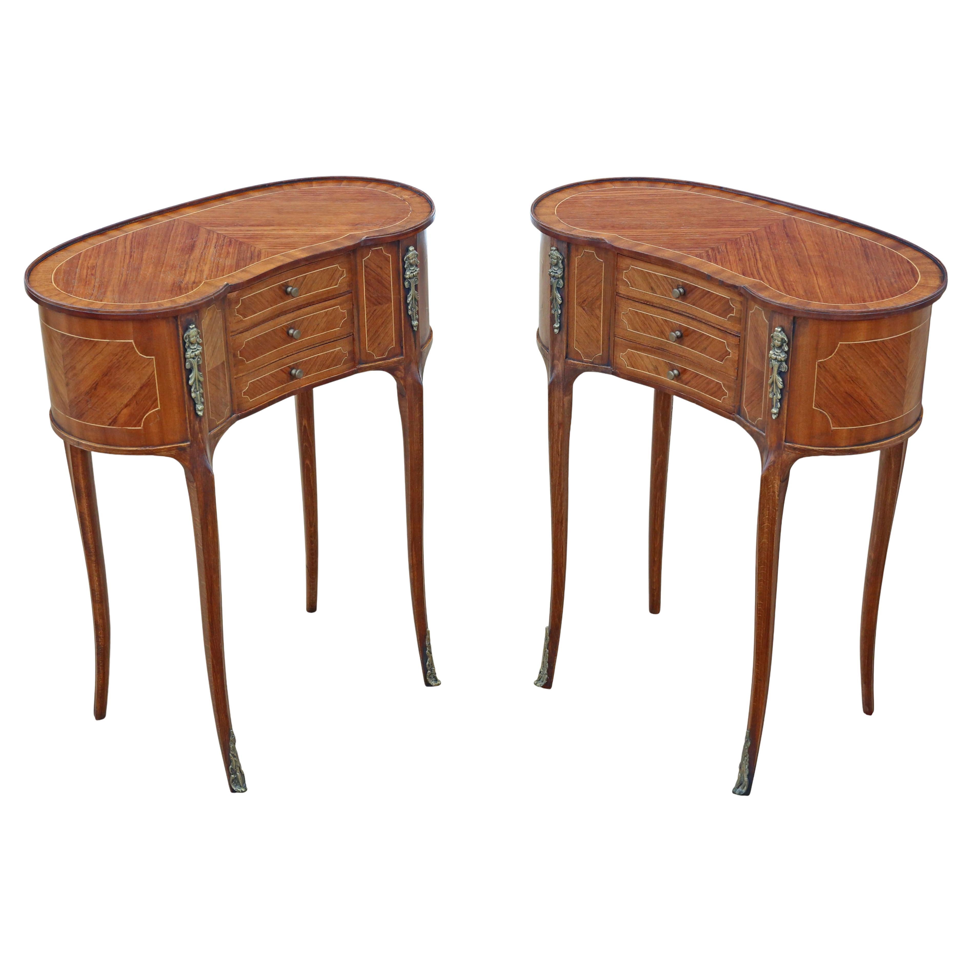 Antique c.1925 Pair of Kidney-Shaped Inlaid Veneer Bedside Tables / Cupboards